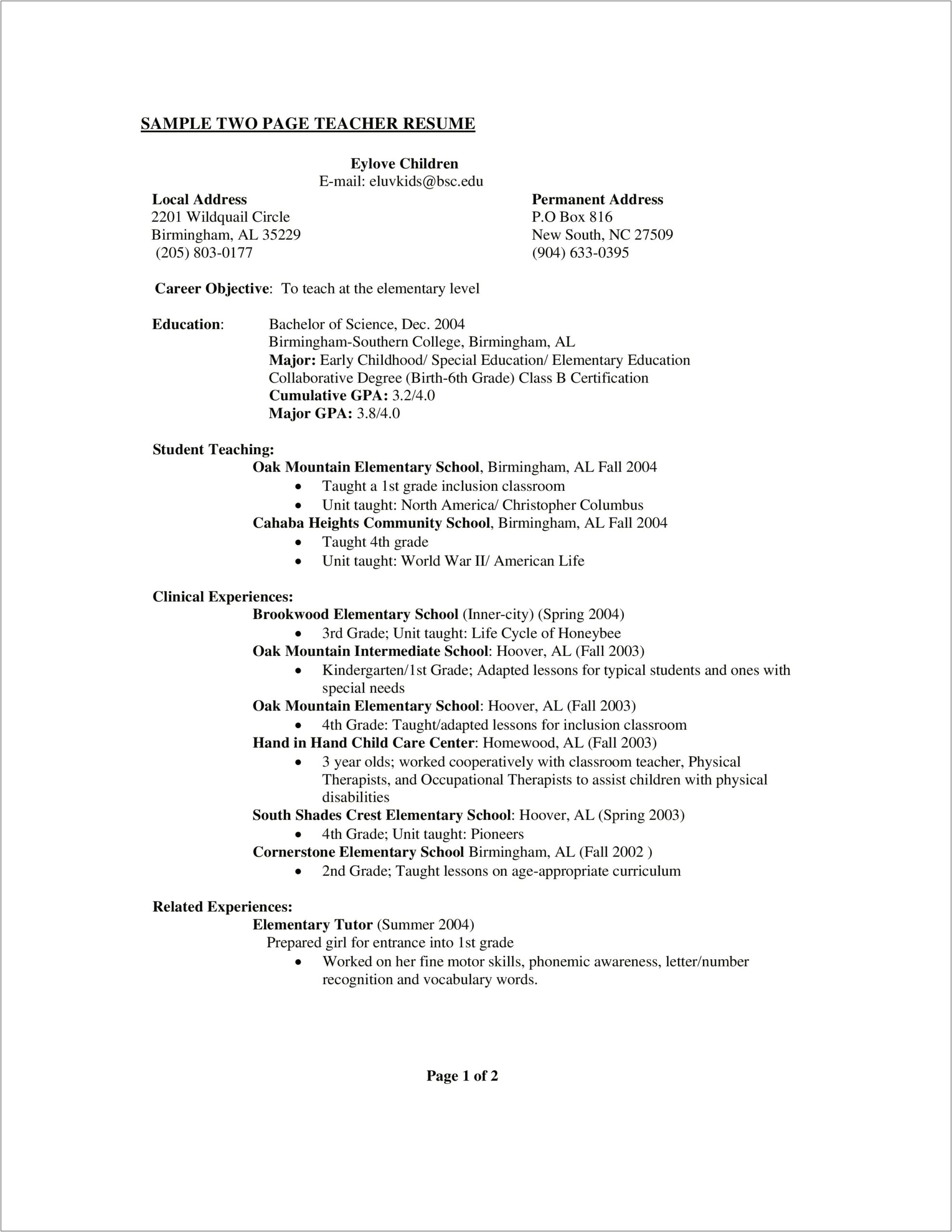 Sample Experience Description Third Grade Education Resume