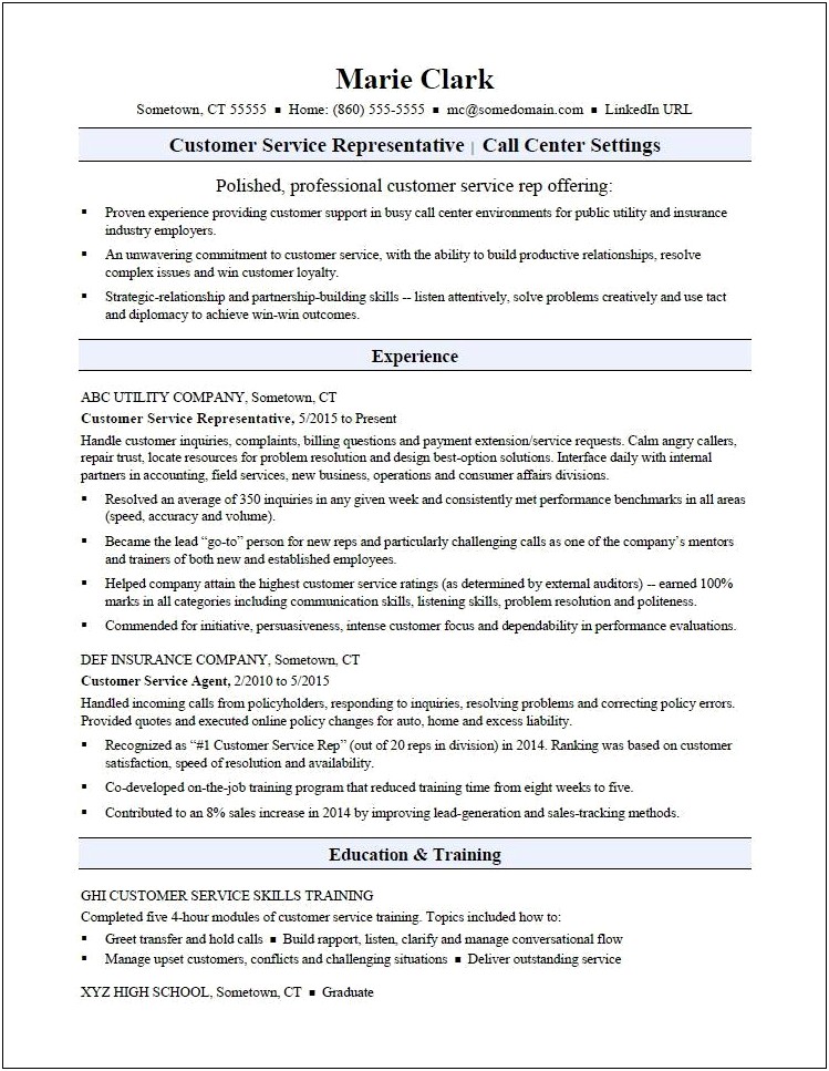Sample Experienced Resume For Career Service Representative