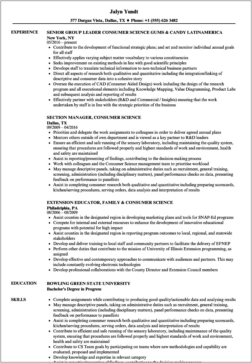 Sample Family And Consumer Science Teacher Resume