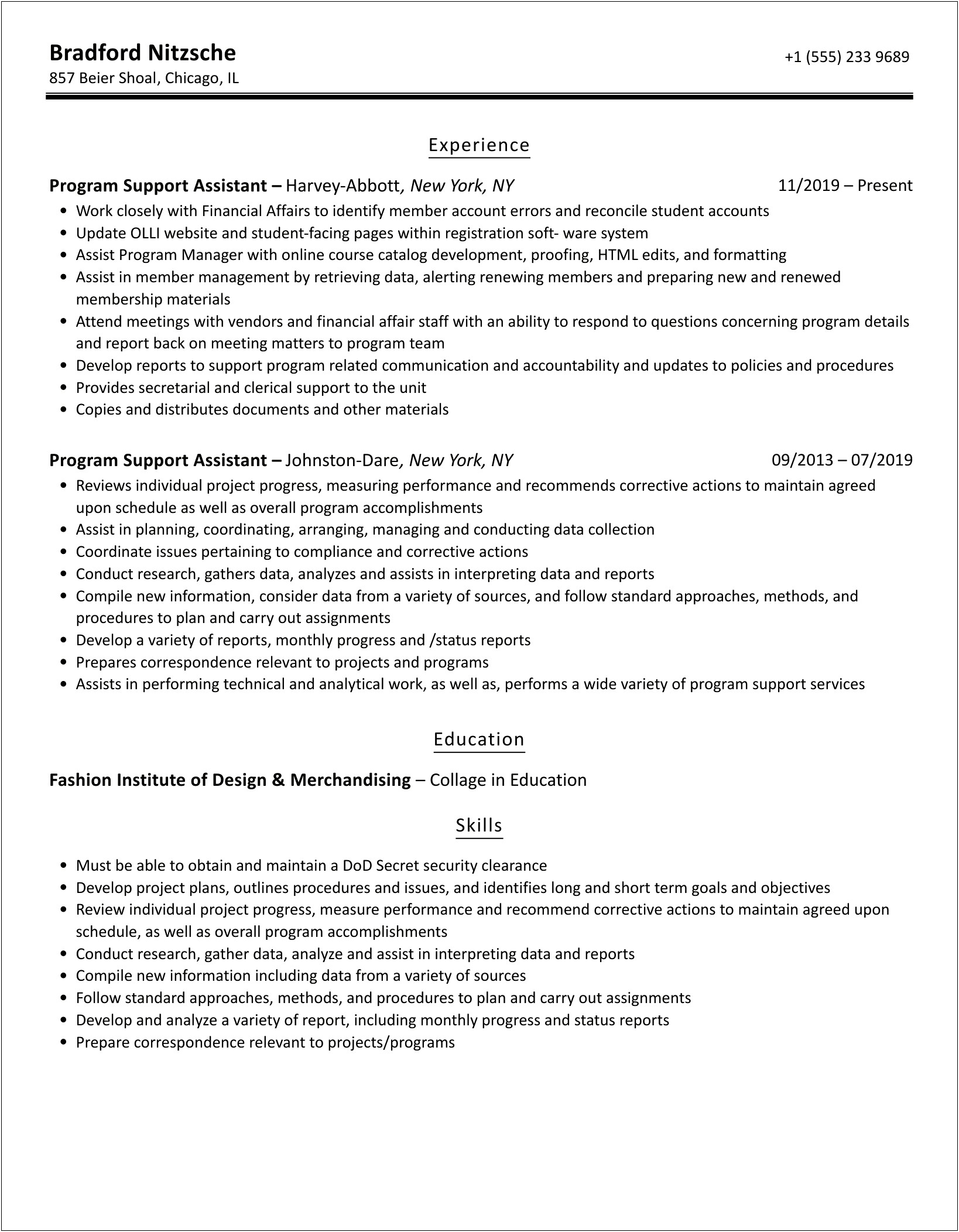 Sample Federal Resume Program Support Assistant