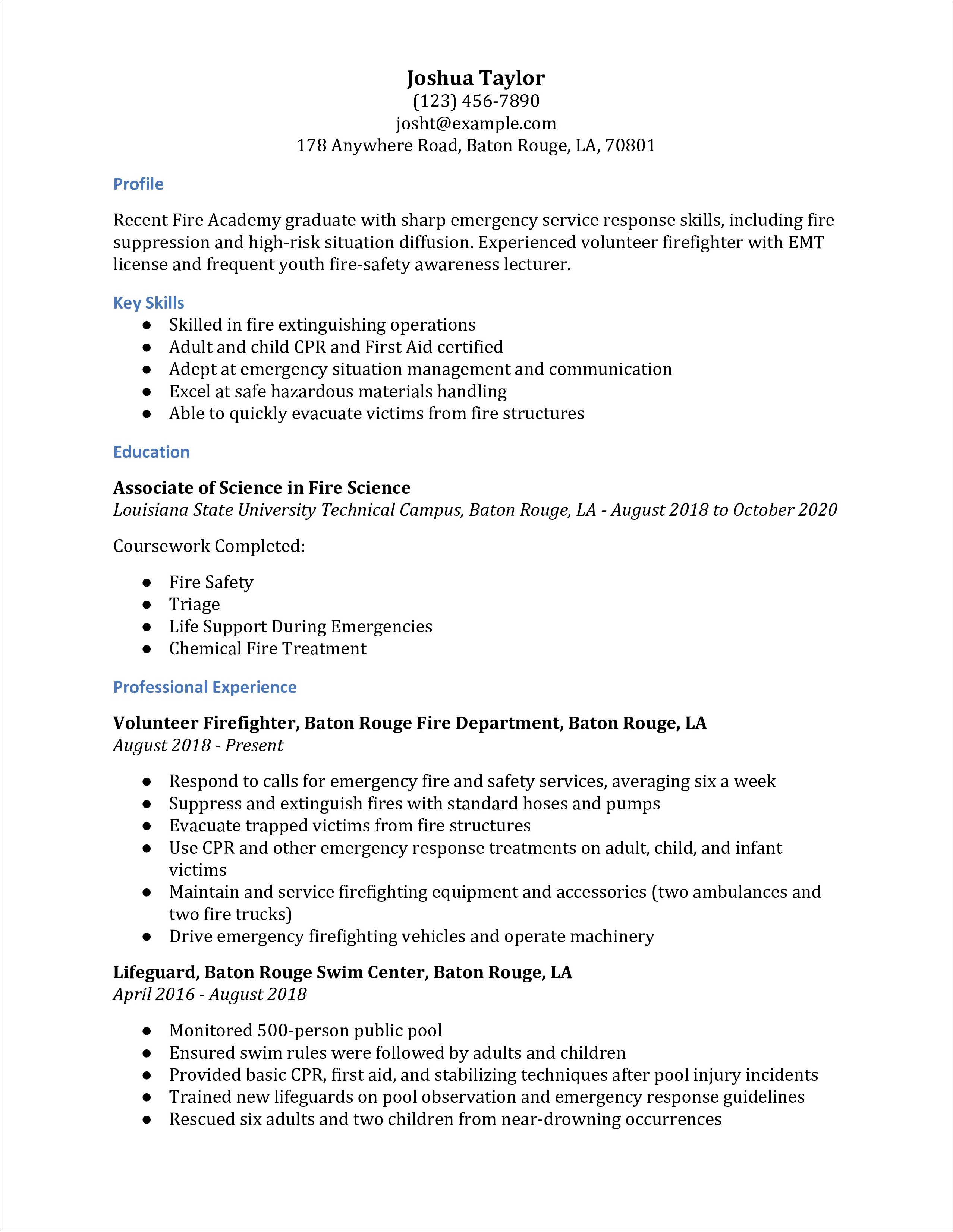 Sample Firefighter Resume With No Experience