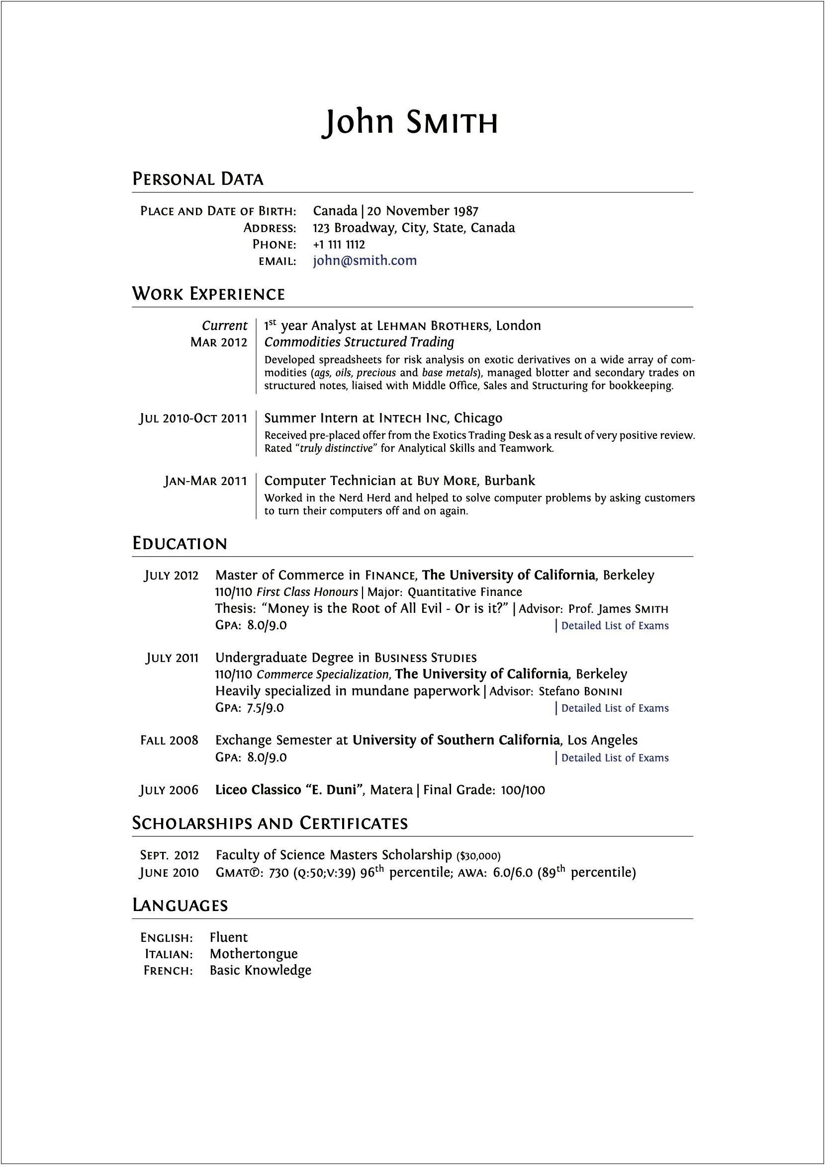 Sample First Year College Student Resume
