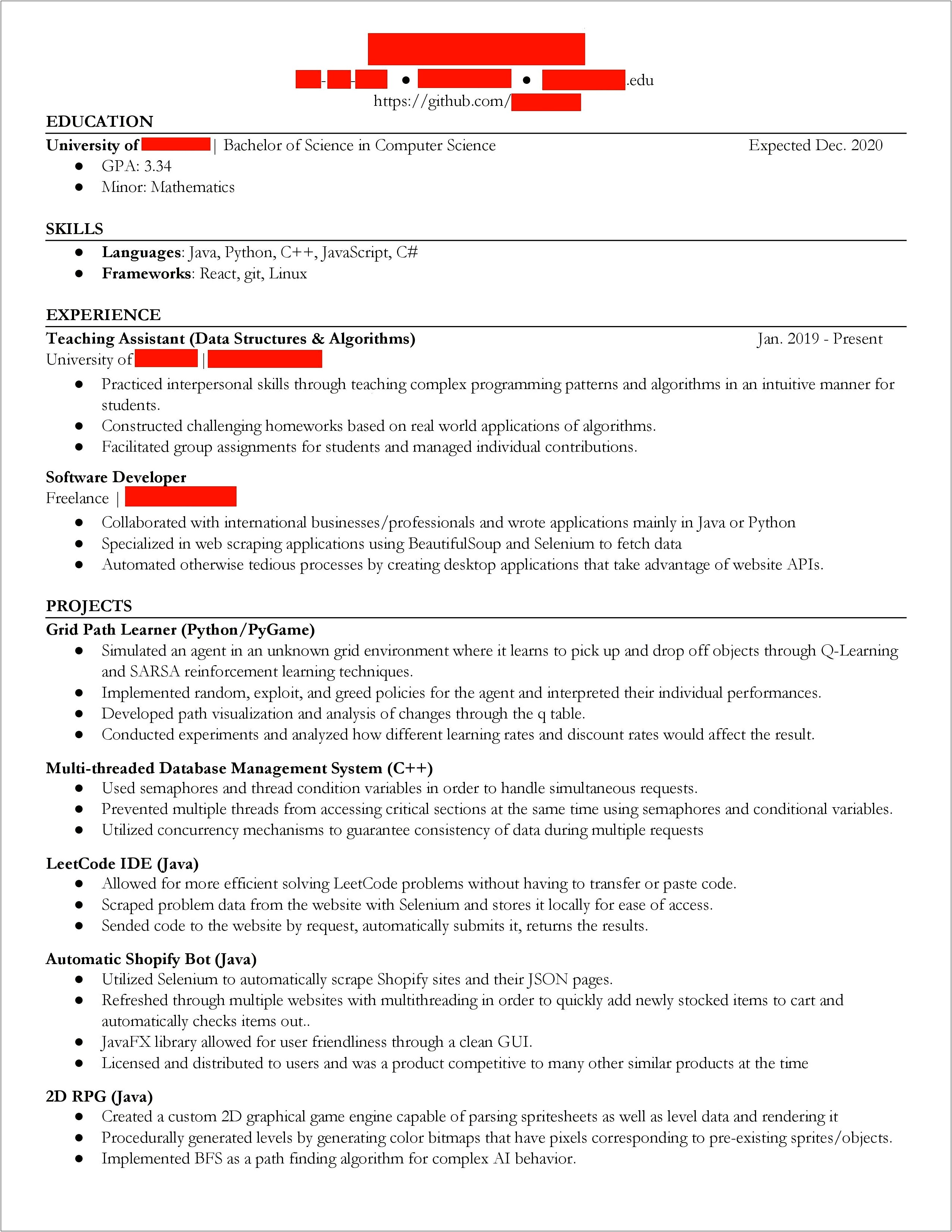 Sample First Year Cs Resume Stanford