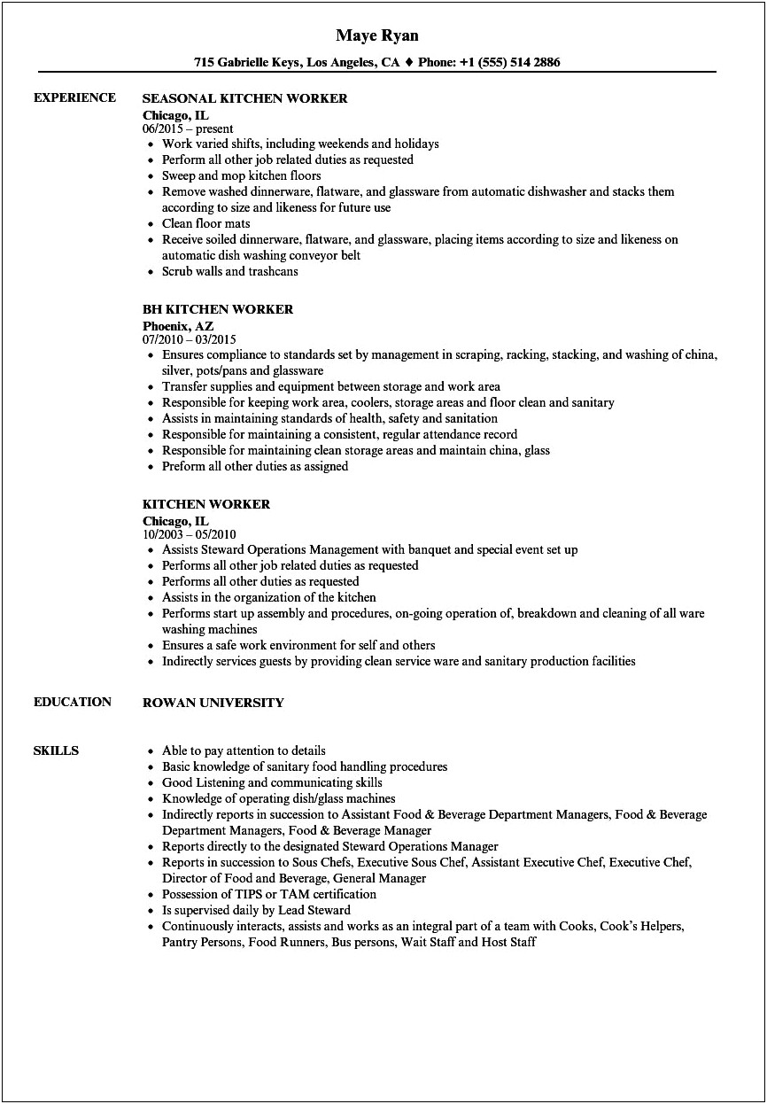 Sample For A Resume For Kitchen Help