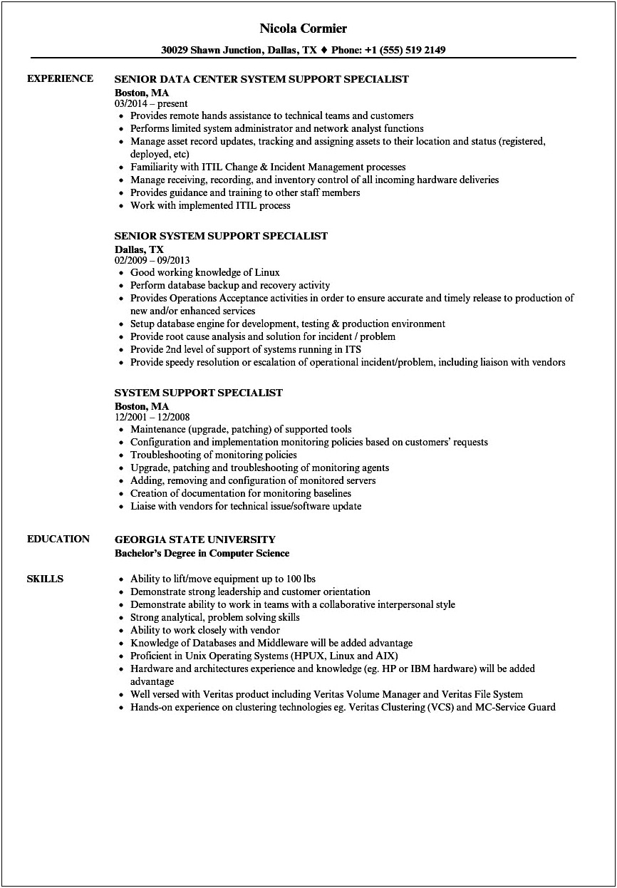 Sample Gs12 Support Services Specialist Resume