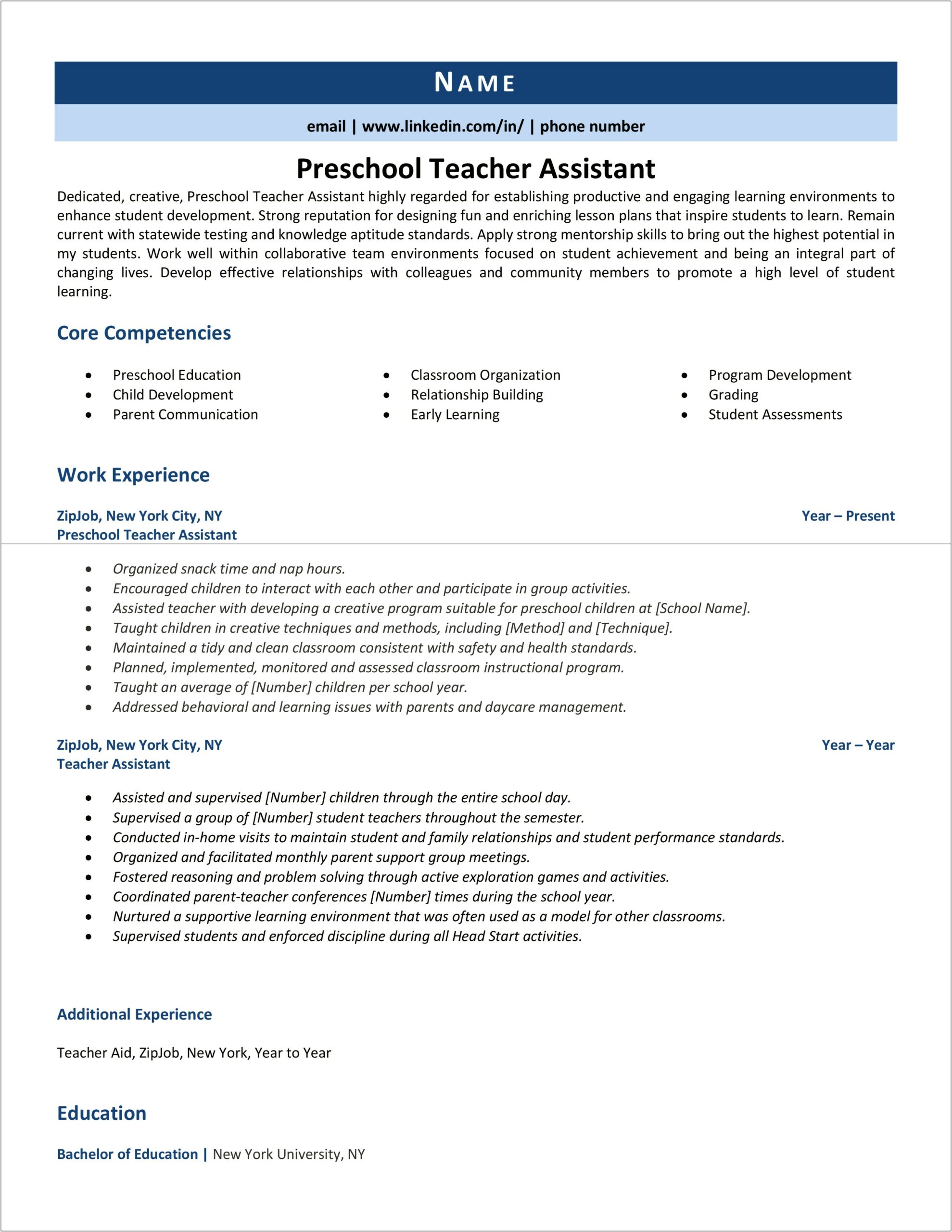 Sample Head Start Teacher Assistant Resume