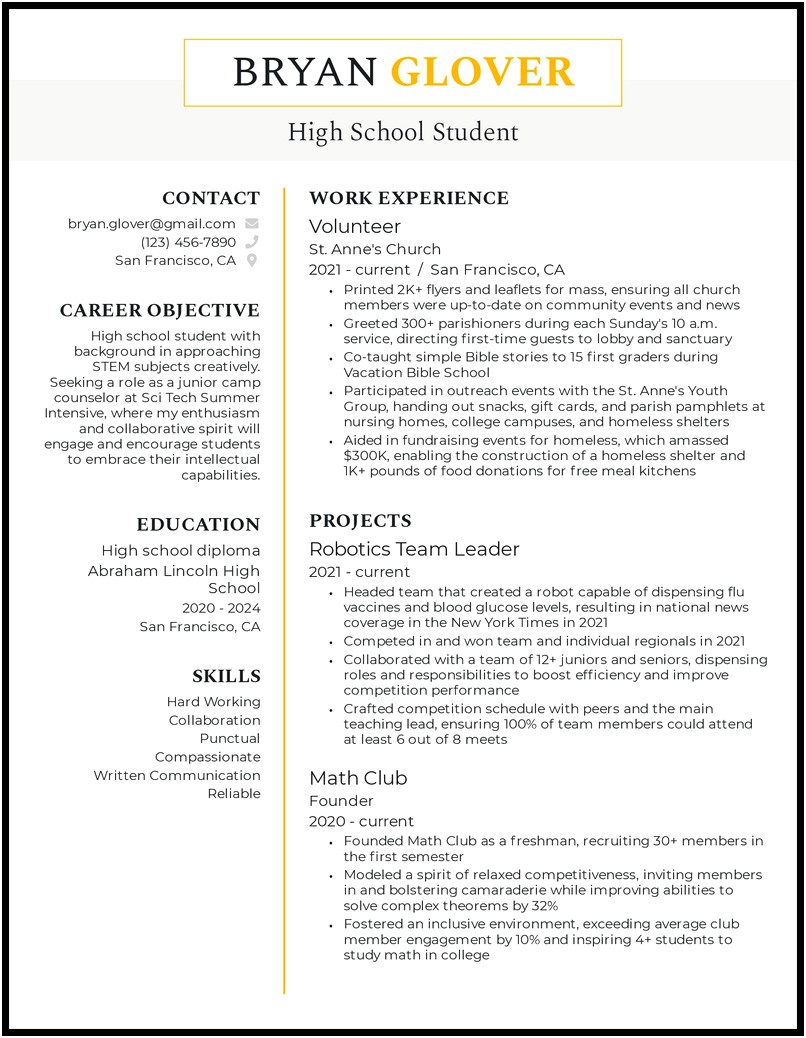Sample High School Graduate With Work Experience Resume