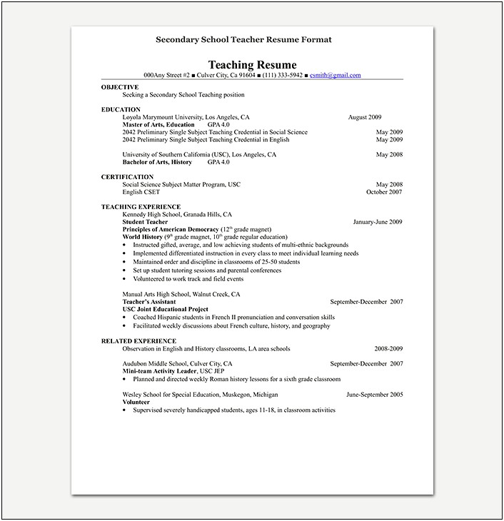 Sample High School History Teacher Resume