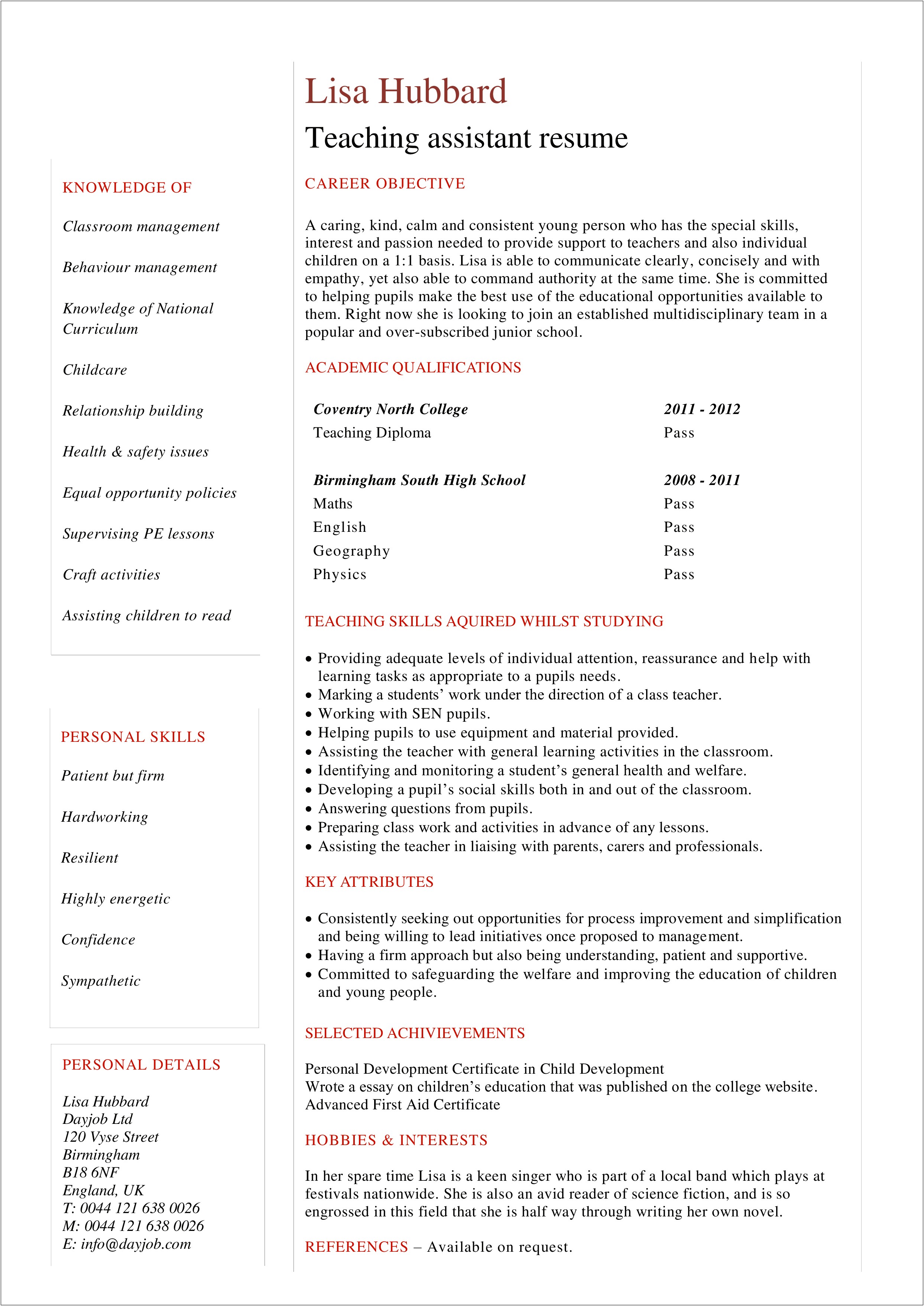 Sample High School Physics Teacher Resume