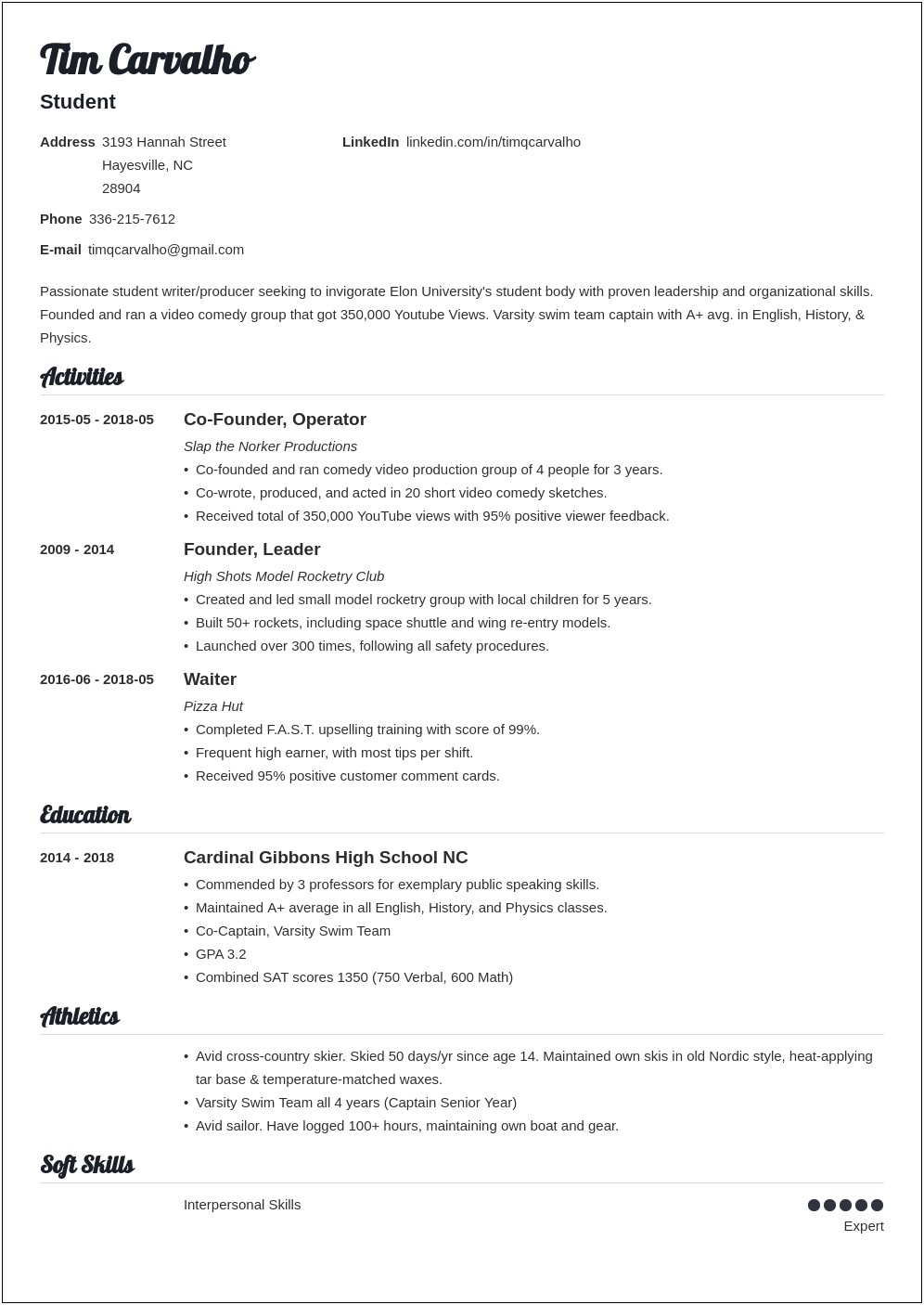 Sample High School Resume For Ivy League