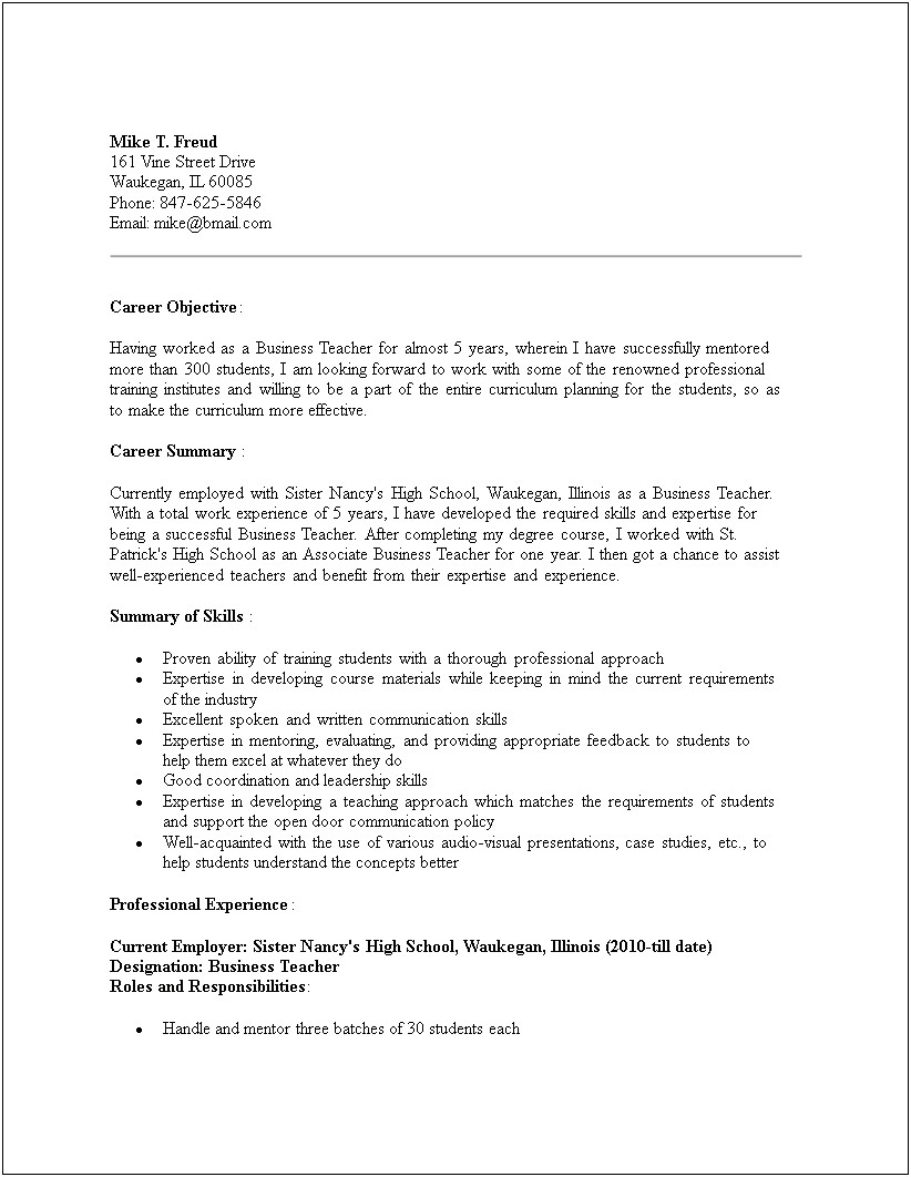 Sample High School Resume For Teachers