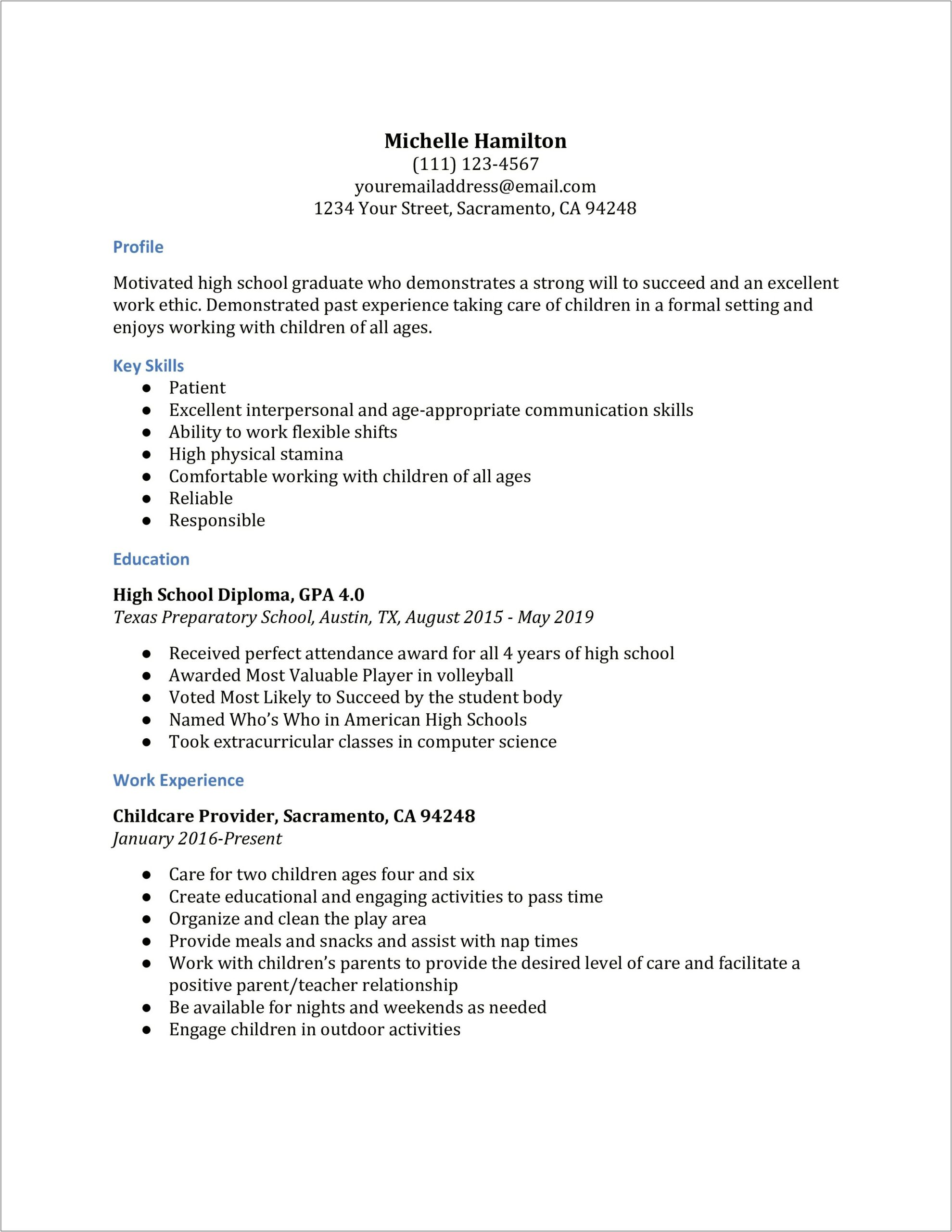 Sample High School Senior Resume For College