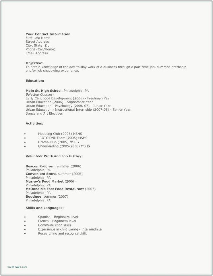 Sample High School Student Fast Foods Resume 2019