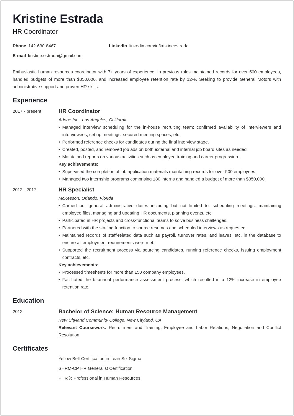 Sample Hr Resume With Union Experience