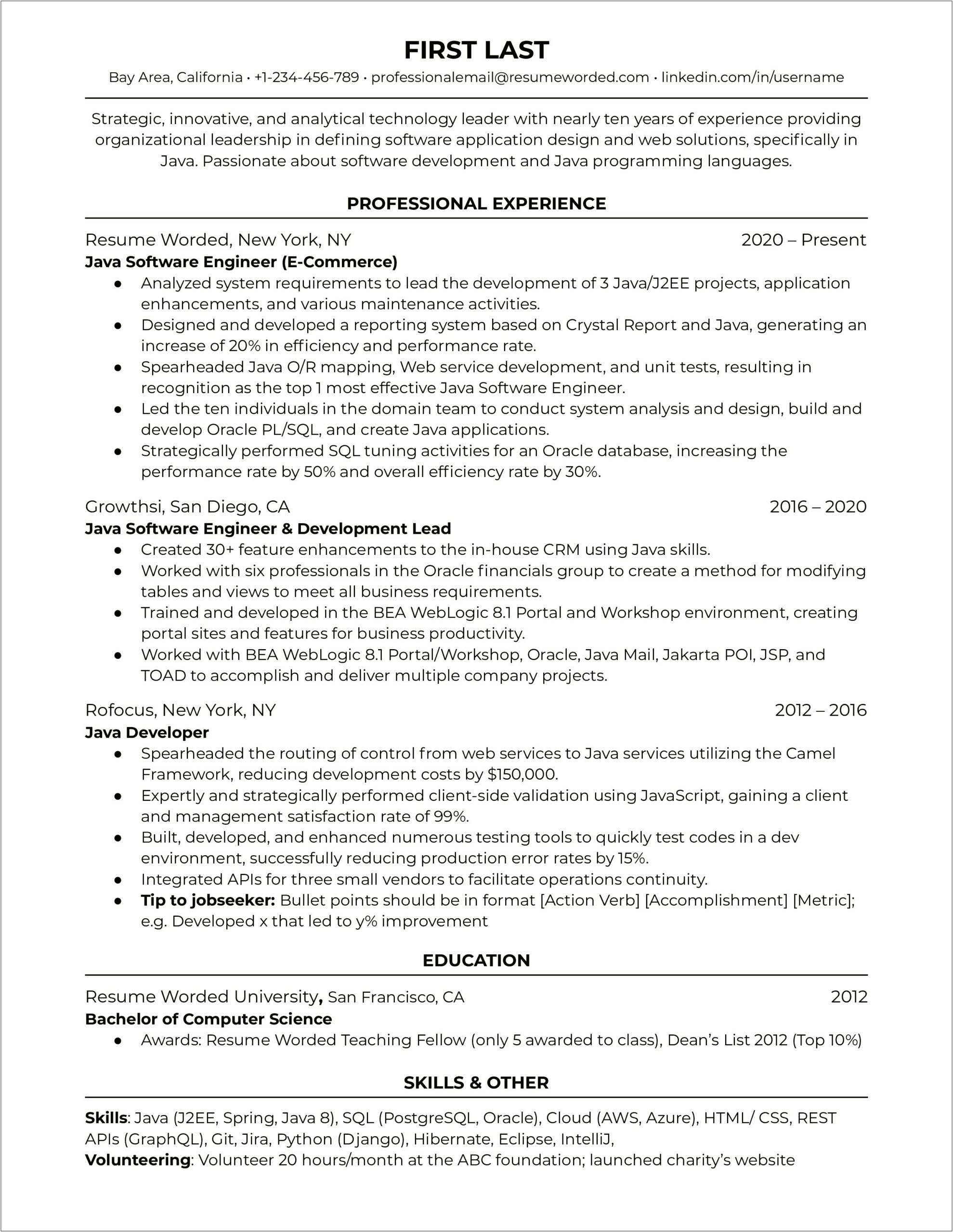 Sample Java Resume For 10 Years Experience