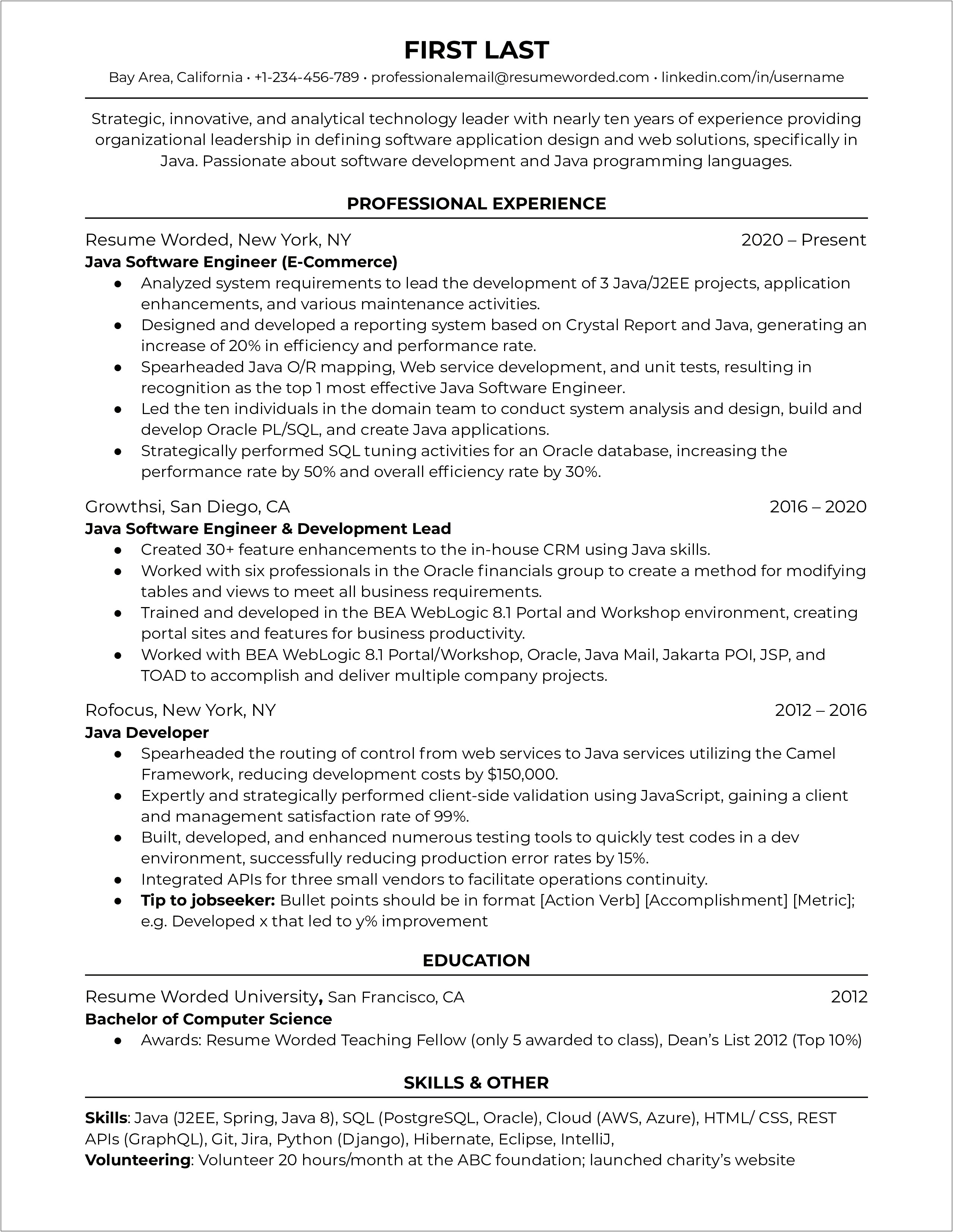 Sample Java Resume For 10 Years Experience