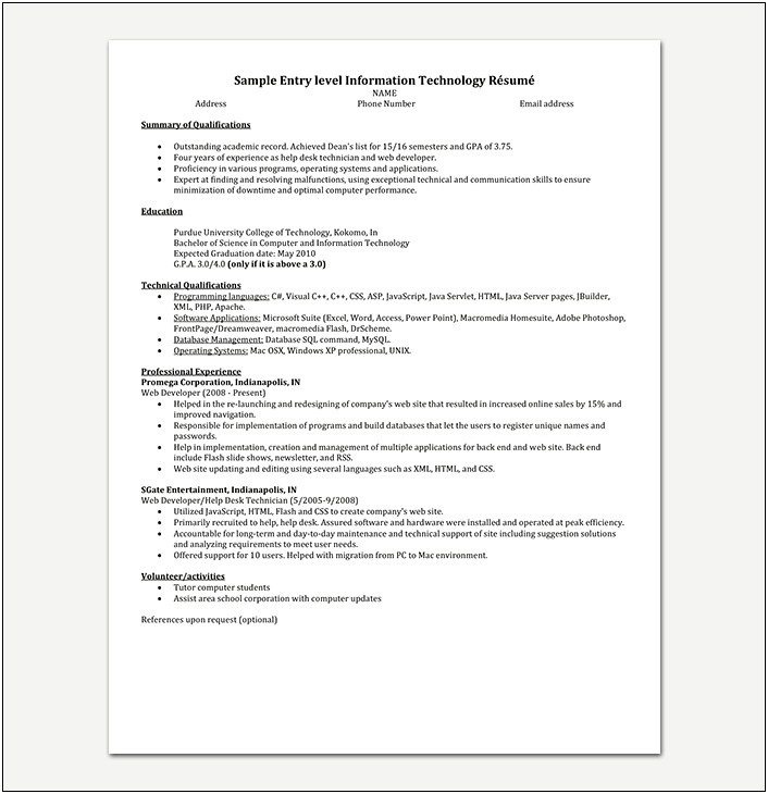 Sample Java Resume Of College Graduate