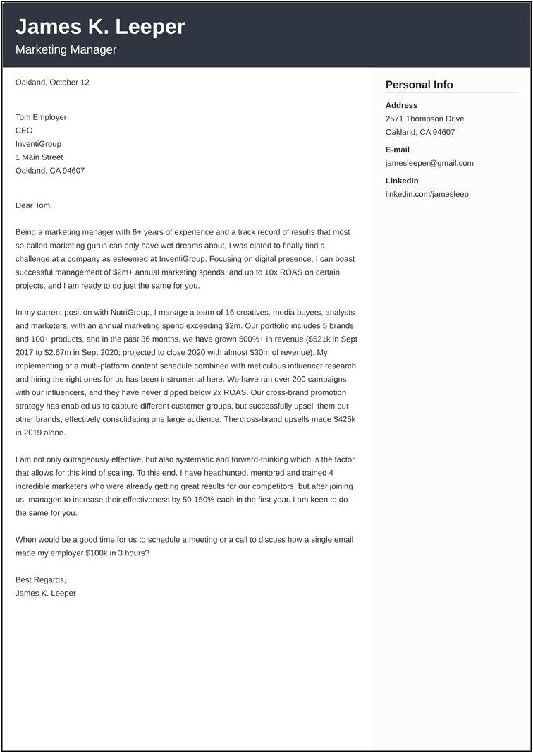 Sample Manager Cover Letter For Resume