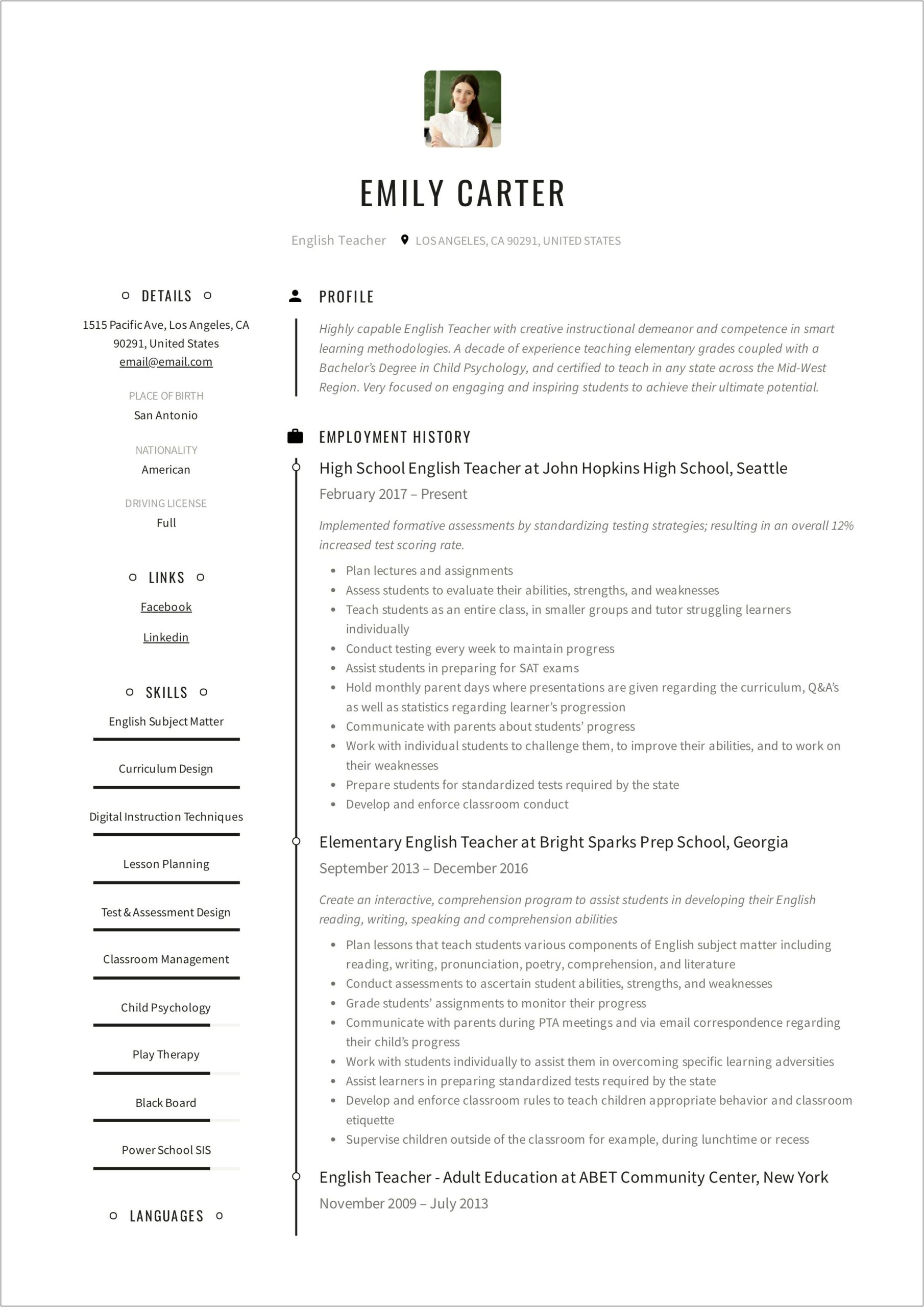 Sample Middle School English Teacher Resume