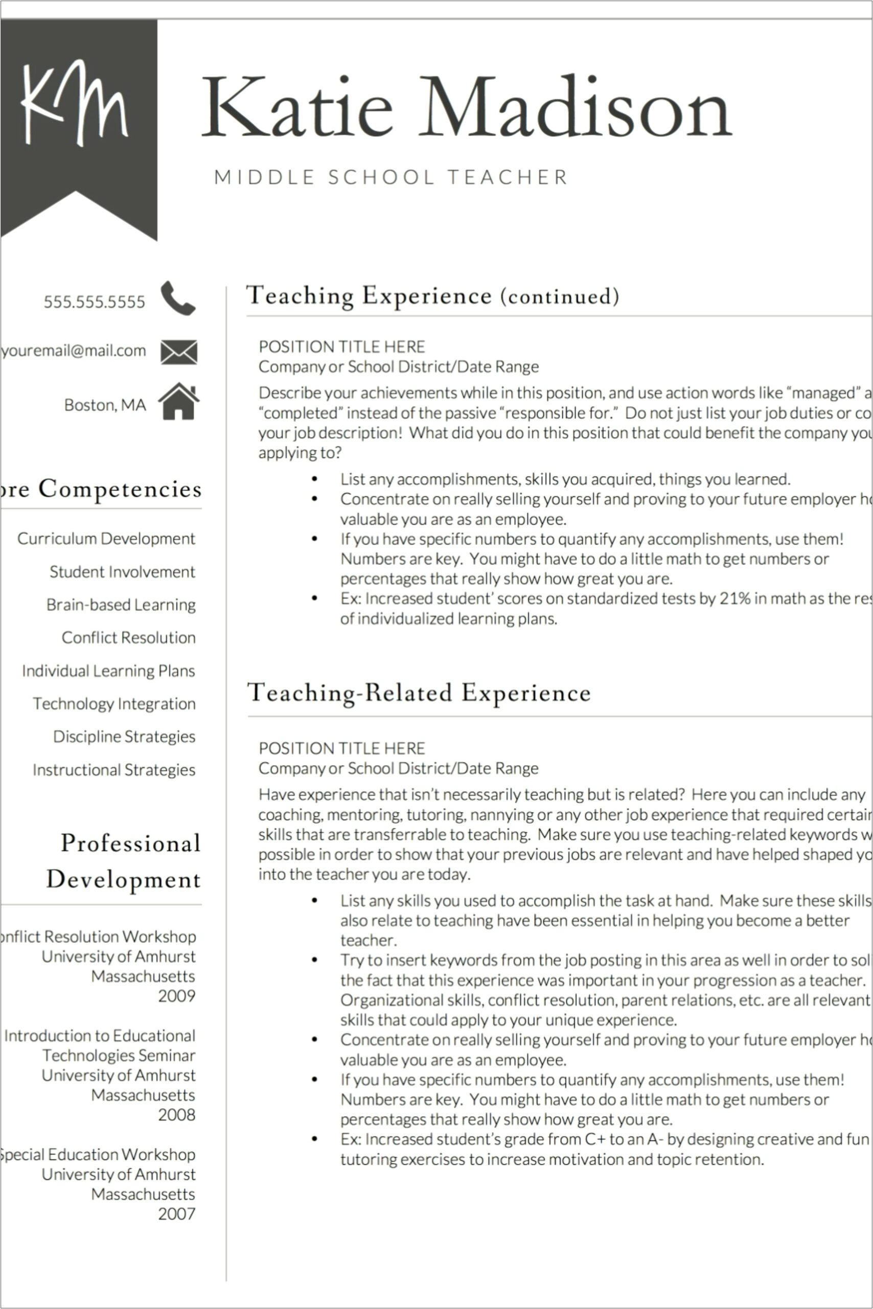 Sample Middle School Resume For Teachers