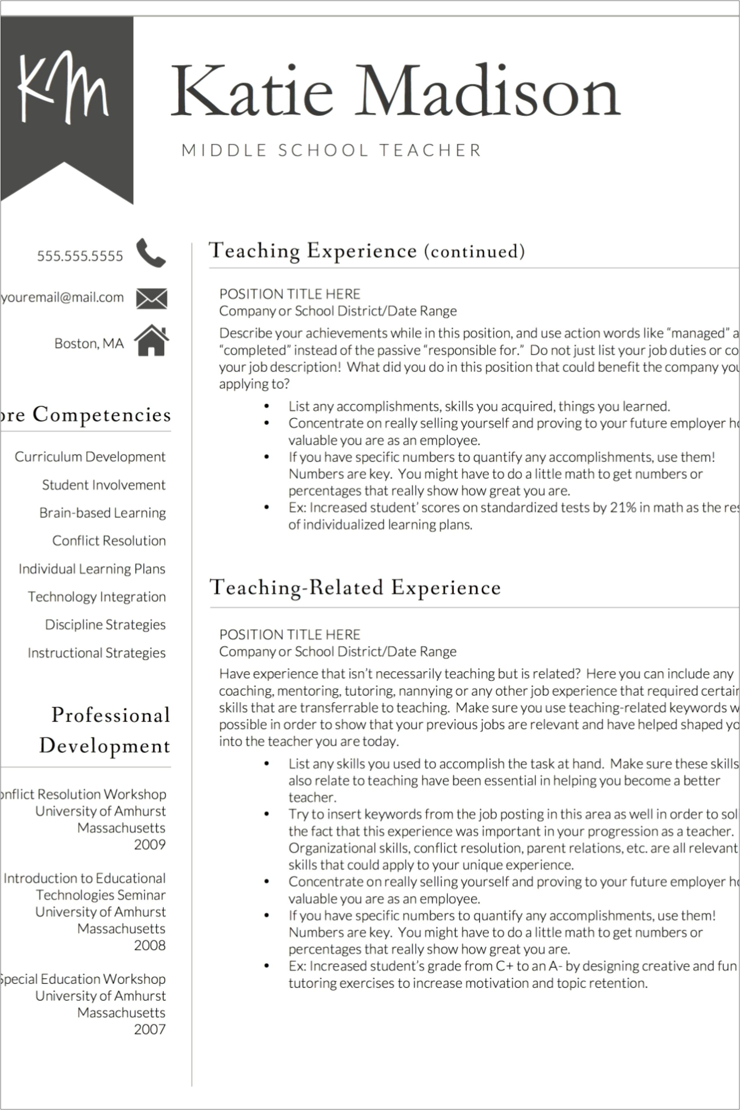 Sample Middle School Resume For Teachers