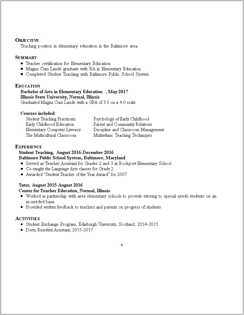 Sample Objective For 6 Grade Resume