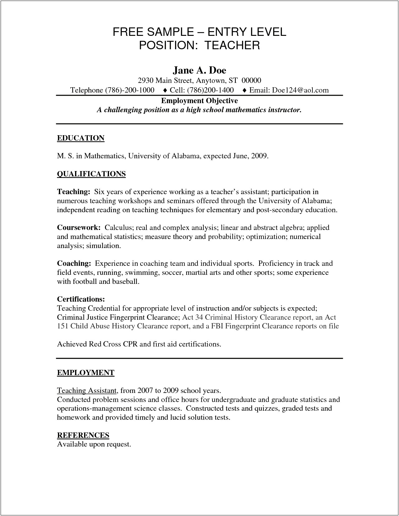 Sample Objective For Entry Level Teacher Resume