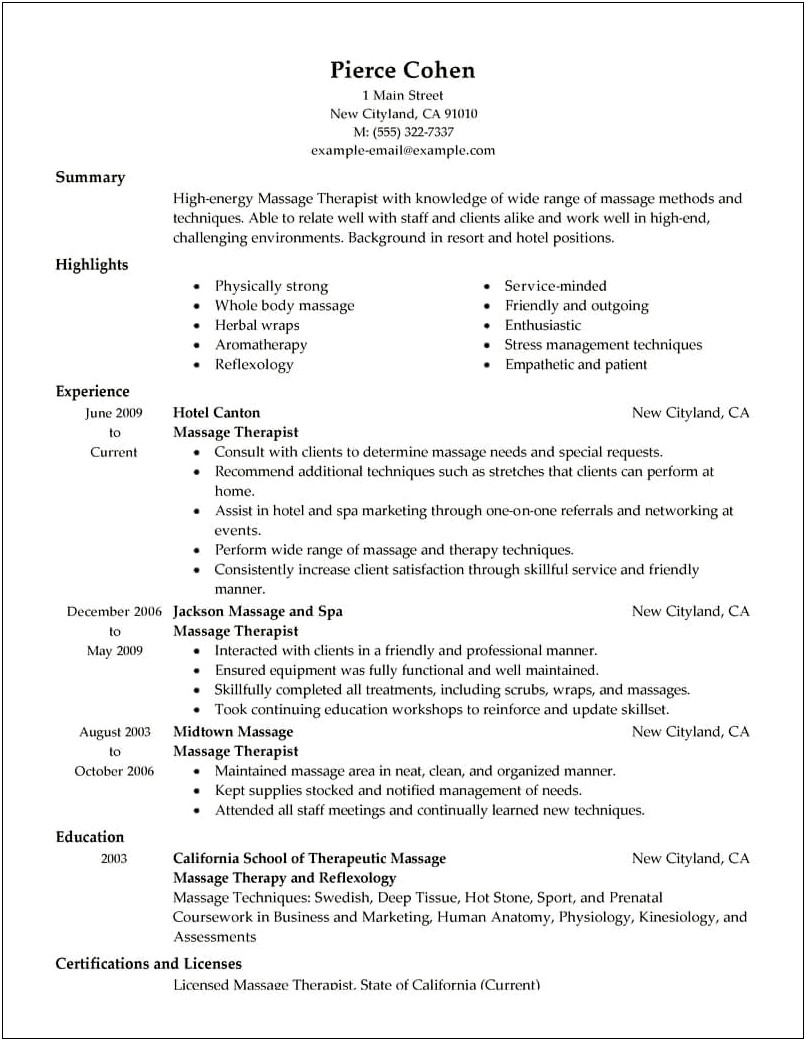 Sample Objective For Massage Therapy Resume