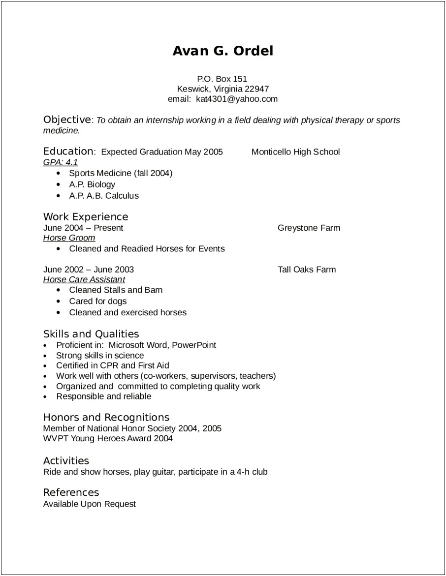 Sample Objectives For Counseling Resume Internship