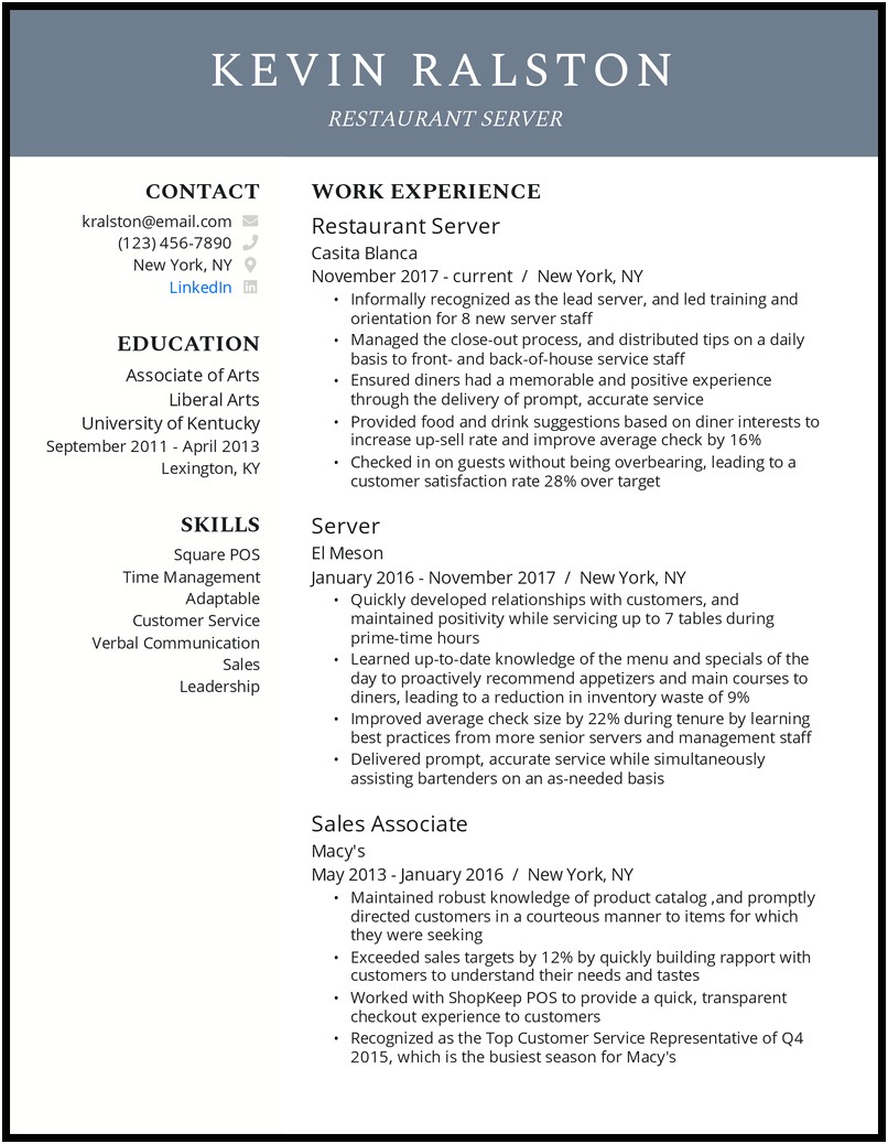 Sample Of A Food Service Resume