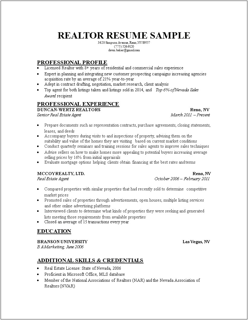 Sample Of A Good Real Estate Agent Resume