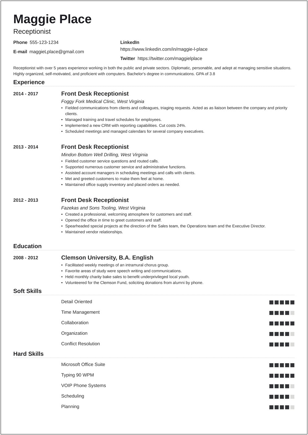 Sample Of A Resume For Receptionist