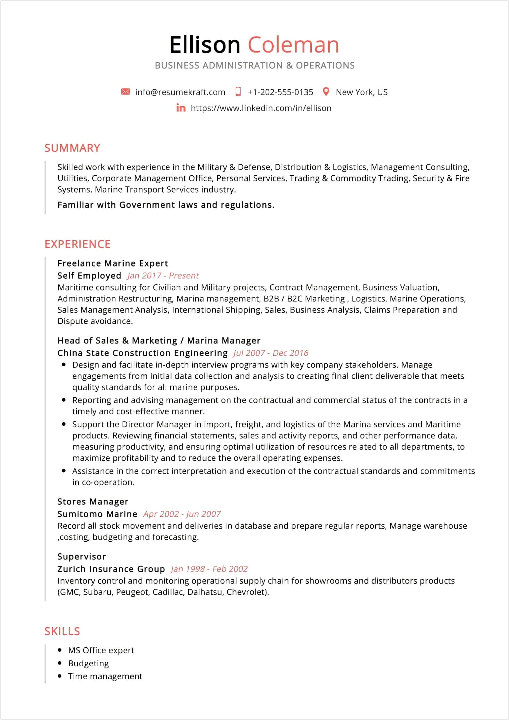 Sample Of Business Student Management Resume