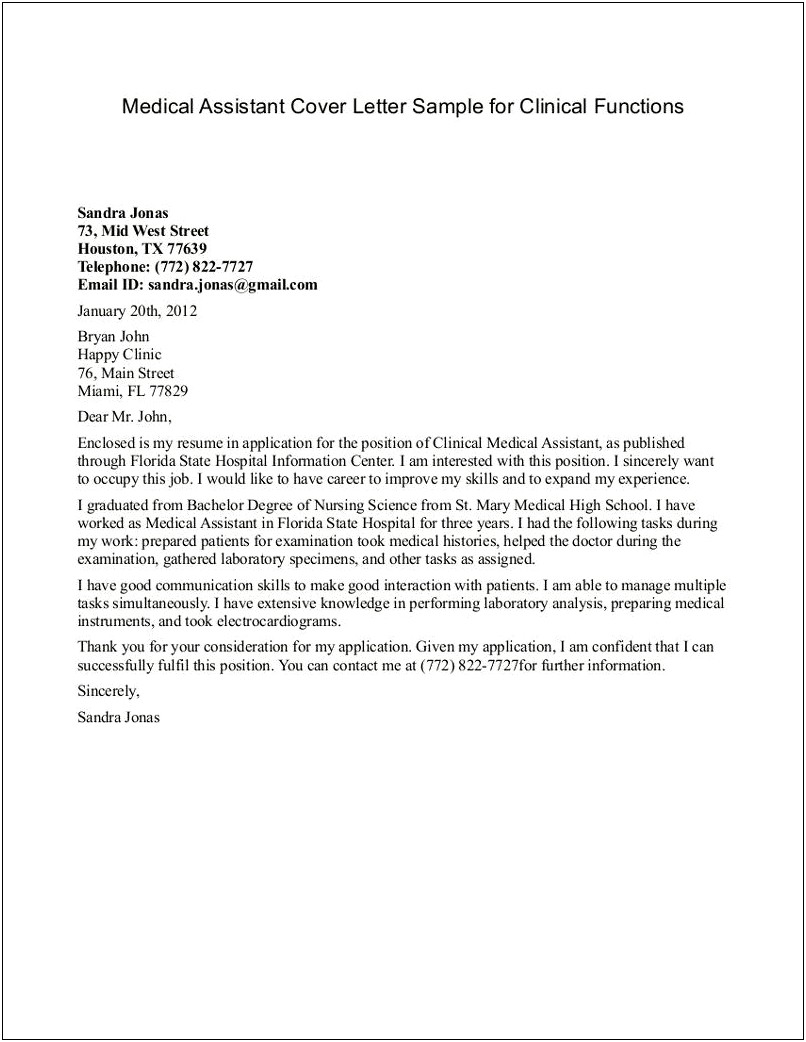 Sample Of Cover Letter For Resume Medical Assistant