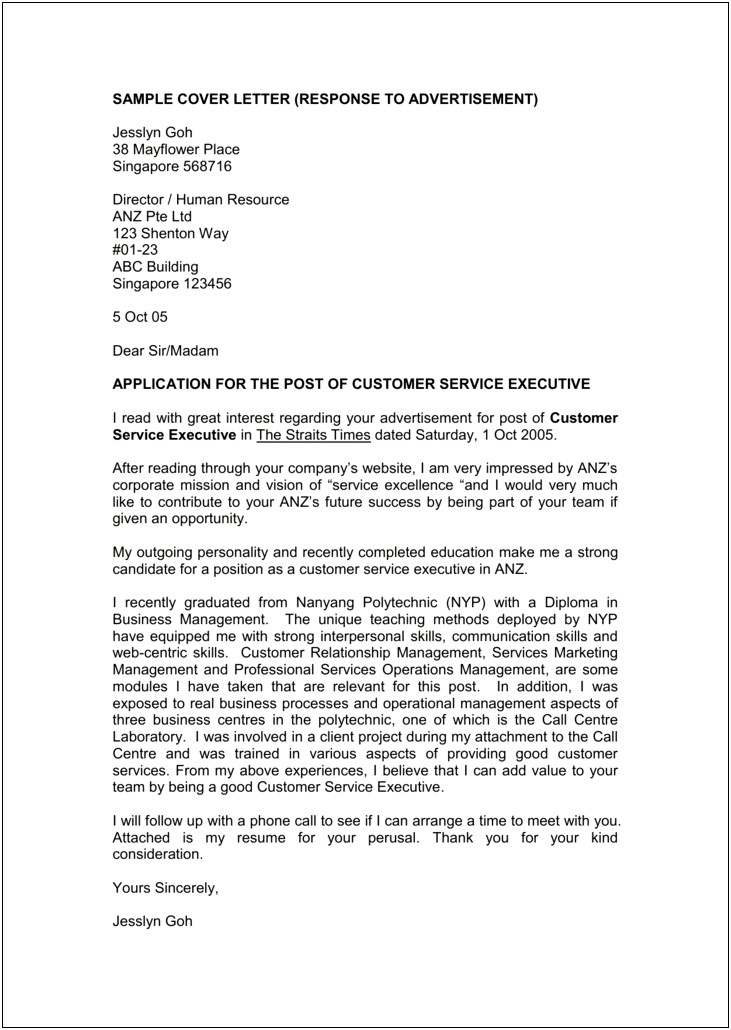 Sample Of Cover Letter For Resume Singapore