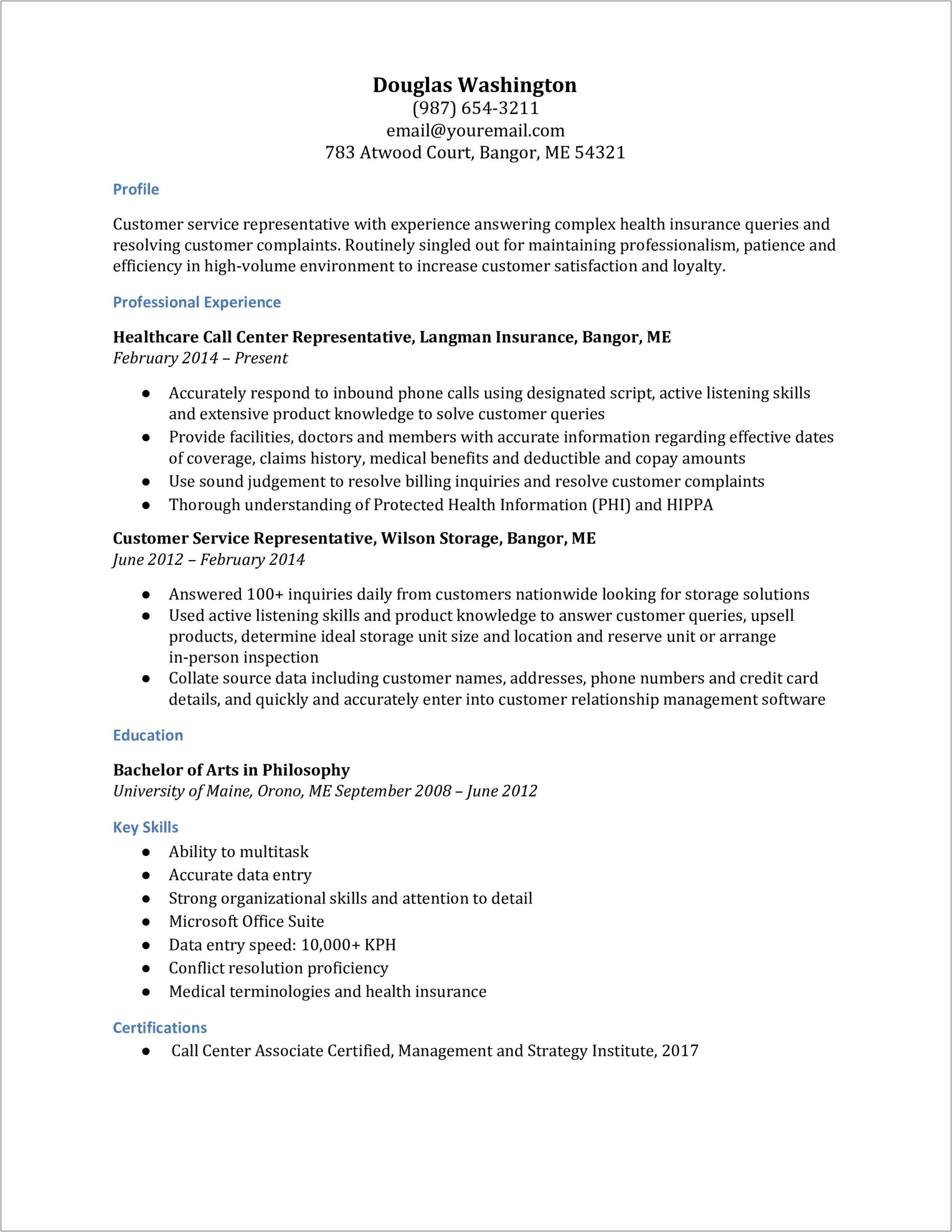 Sample Of Customer Service Call Center Resume