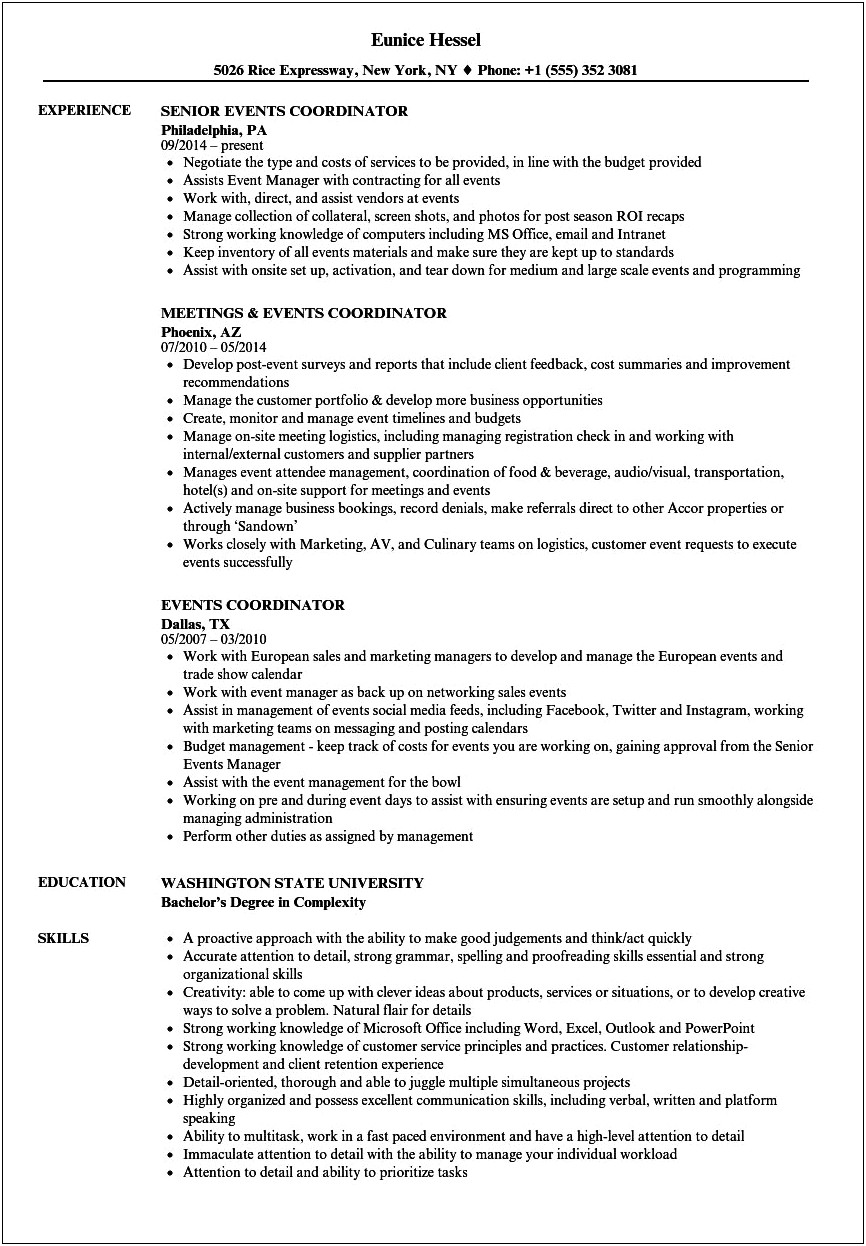 Sample Of Good Meeting Planner Resume