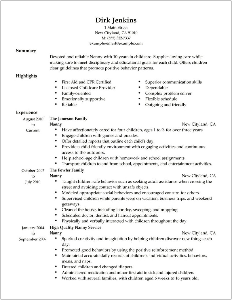 Sample Of Good Summary For Babysitter Resume