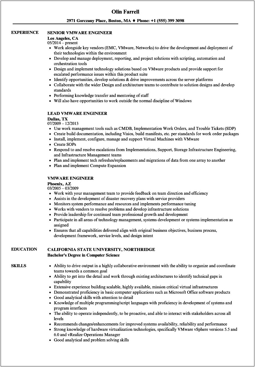 Sample Of Ibm Resume For Vmware