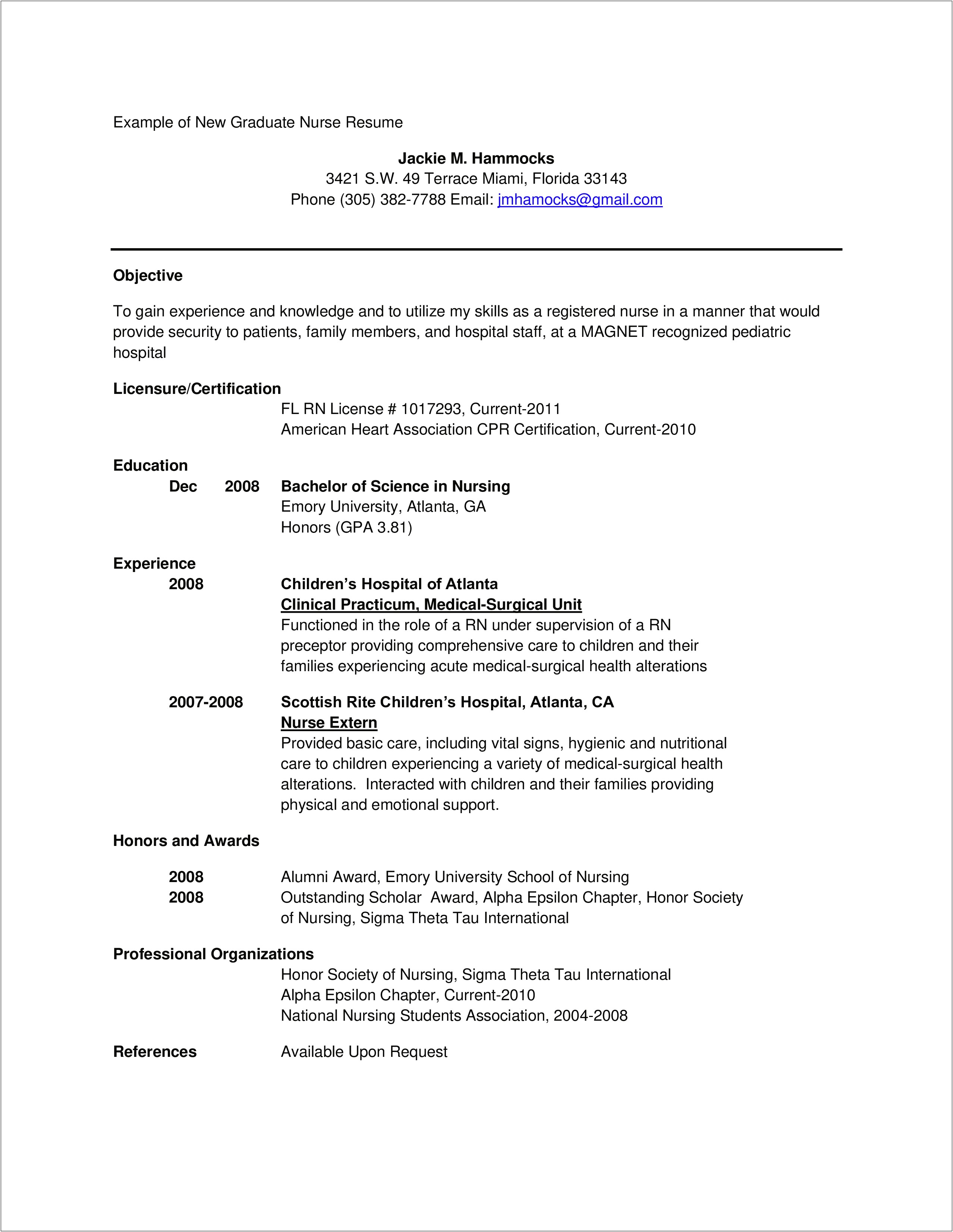 Sample Of New Grad Nurse Resume