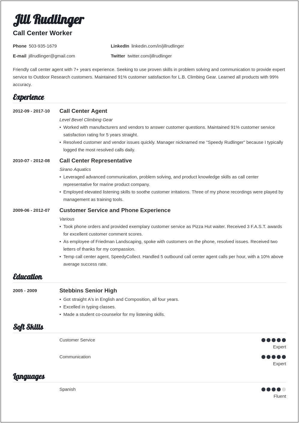 Sample Of Objectives In Resume For Call Center