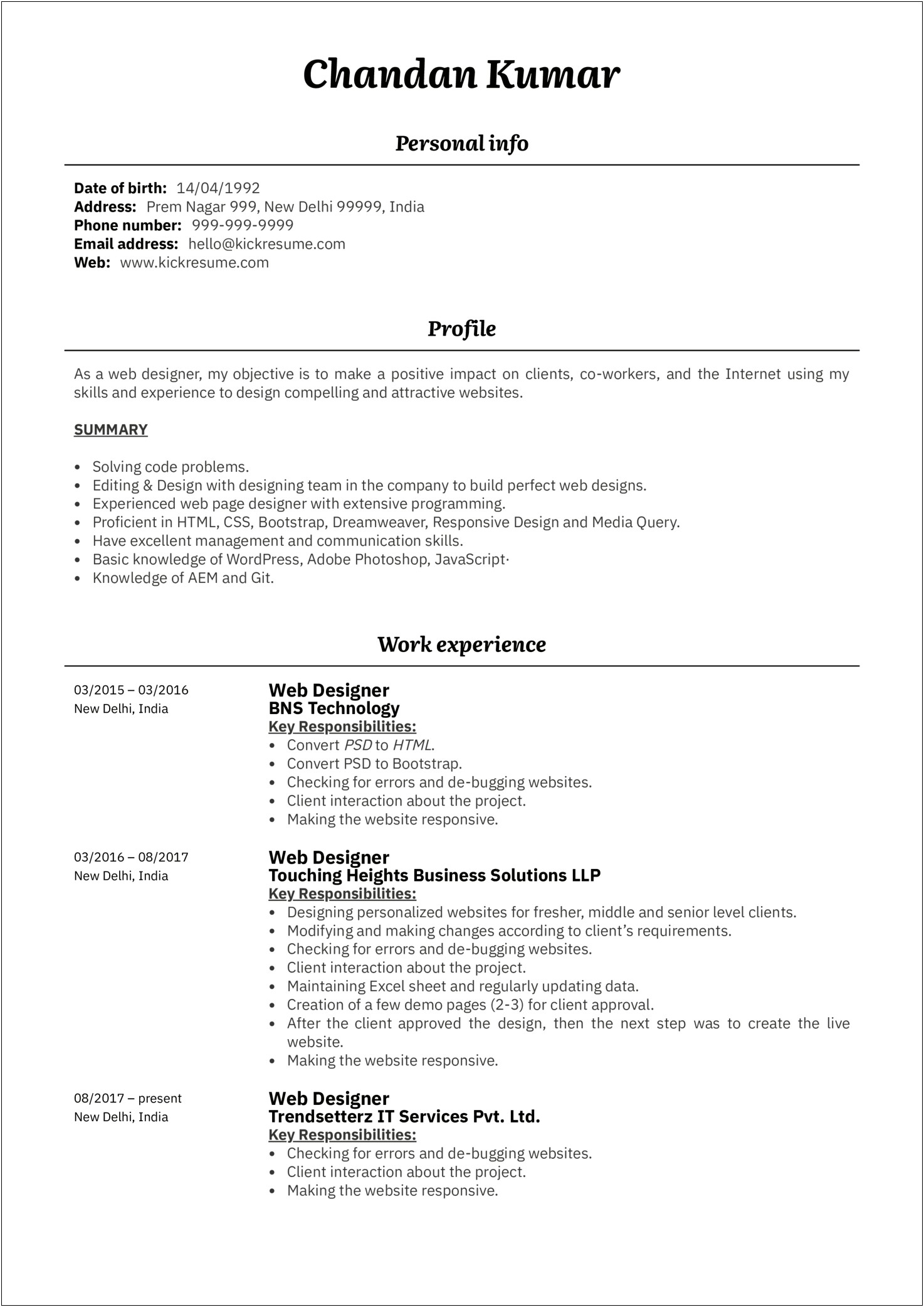 Sample Of Profile Summary For Resume