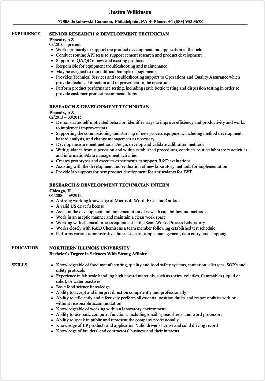Sample Of Research And Development Resume