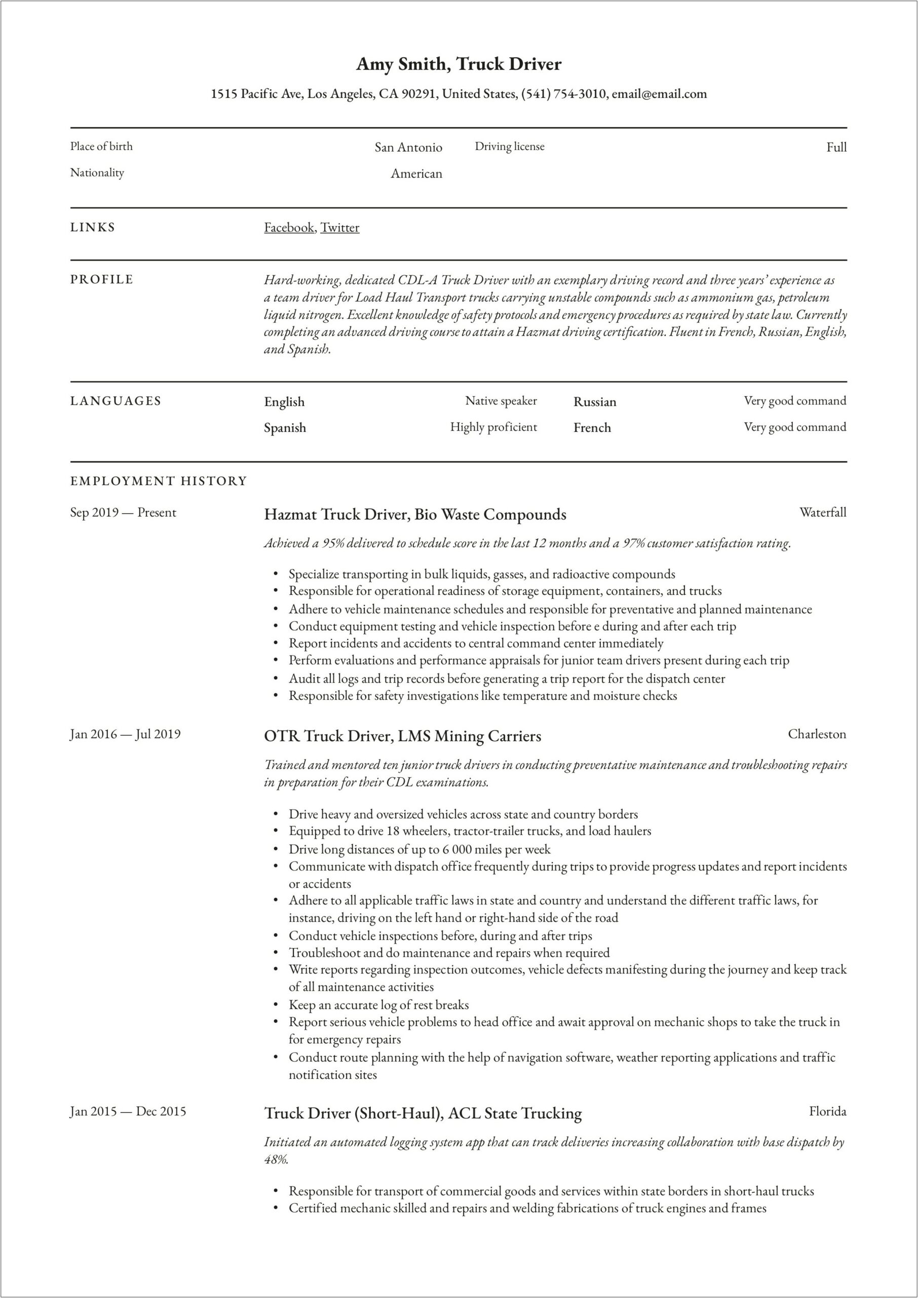 Sample Of Resume For A Hylo Driver