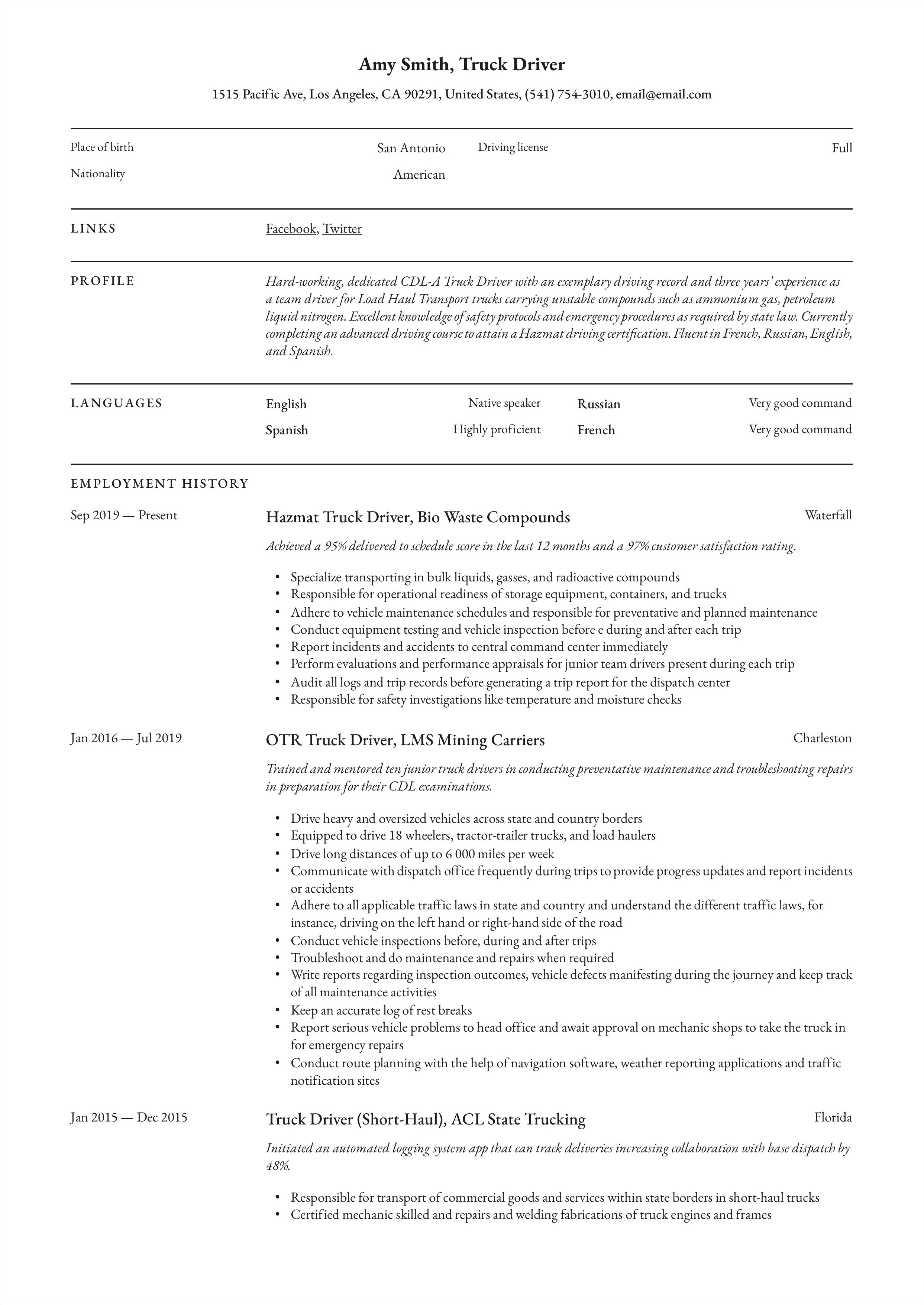 Sample Of Resume For A Hylo Driver