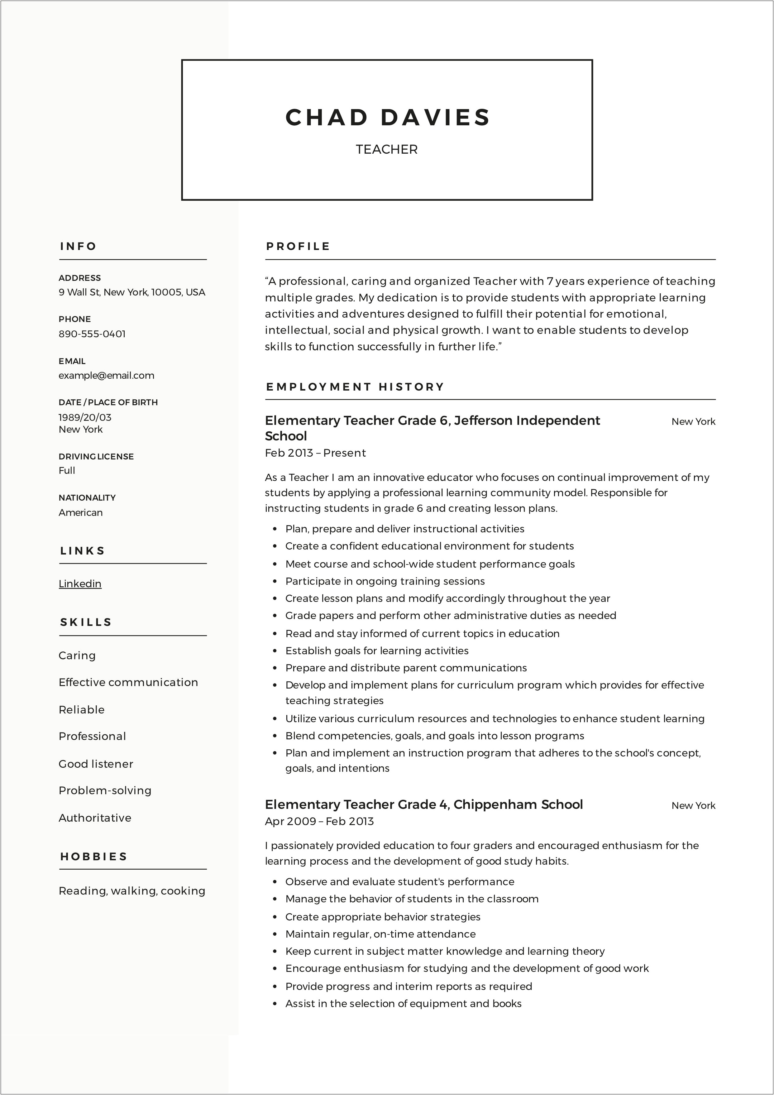 Sample Of Resume For Applying Teaching Job