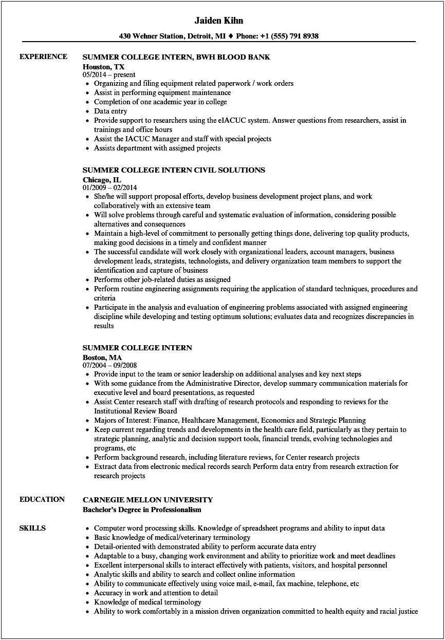 Sample Of Resume For College Internship