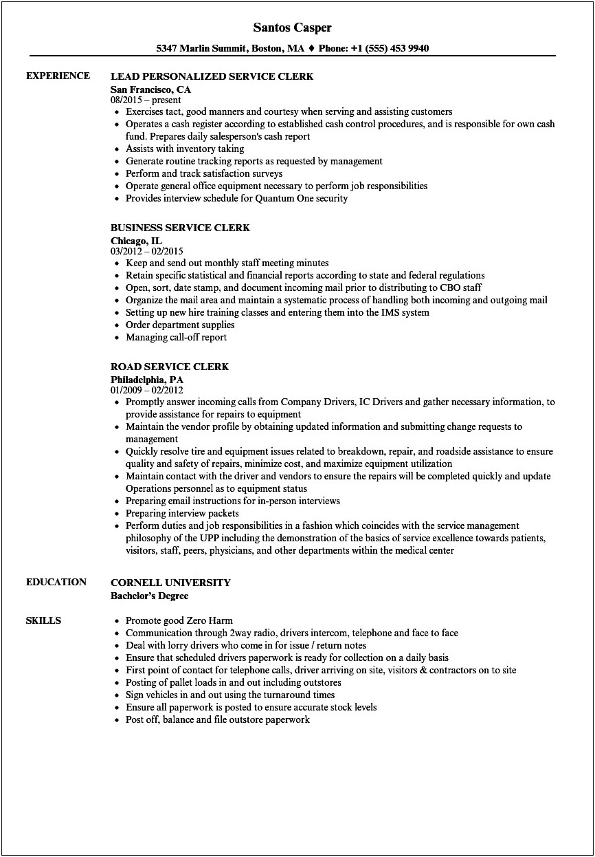 Sample Of Resume For Customer Service Clerk