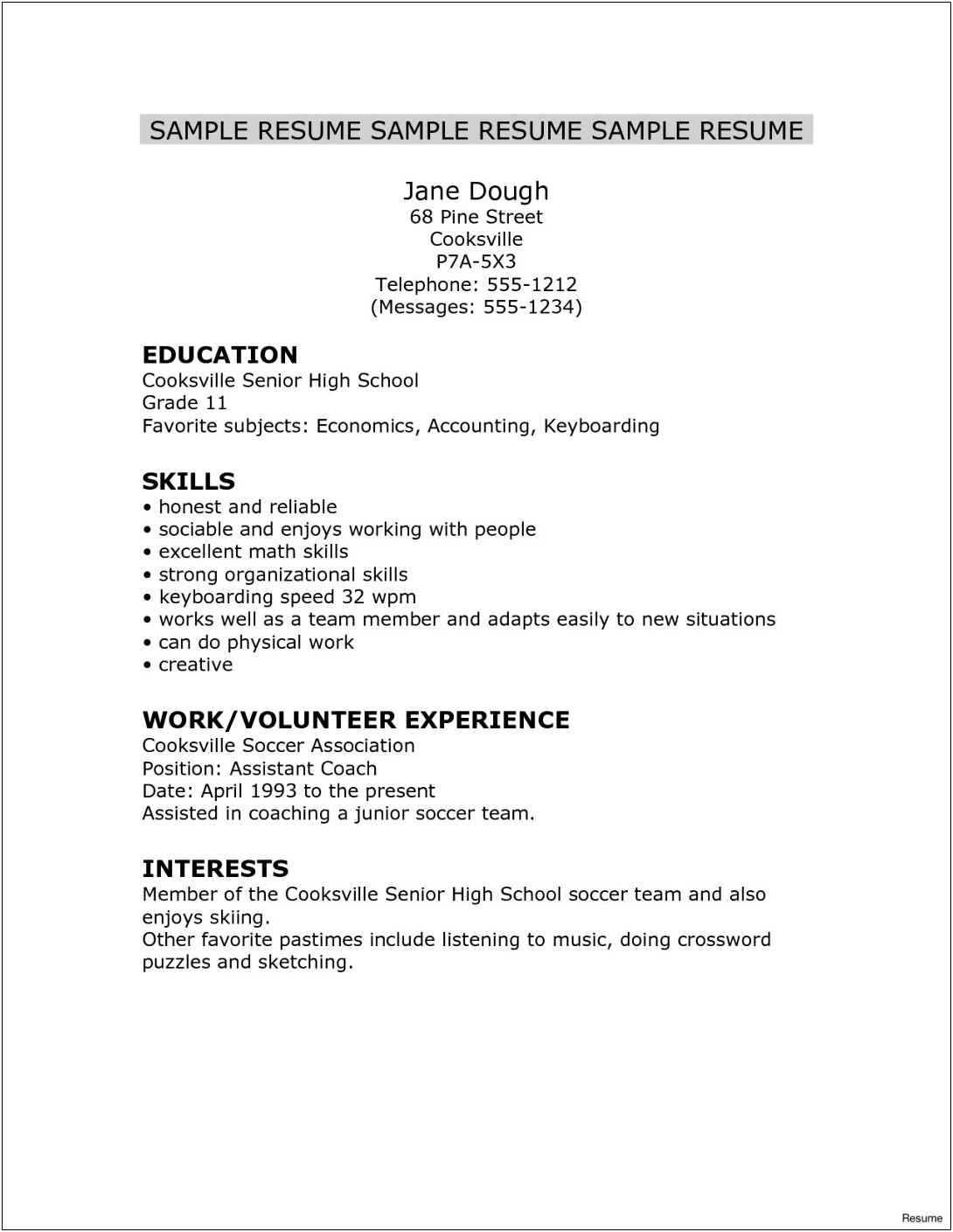 Sample Of Resume For Highschool Graduate