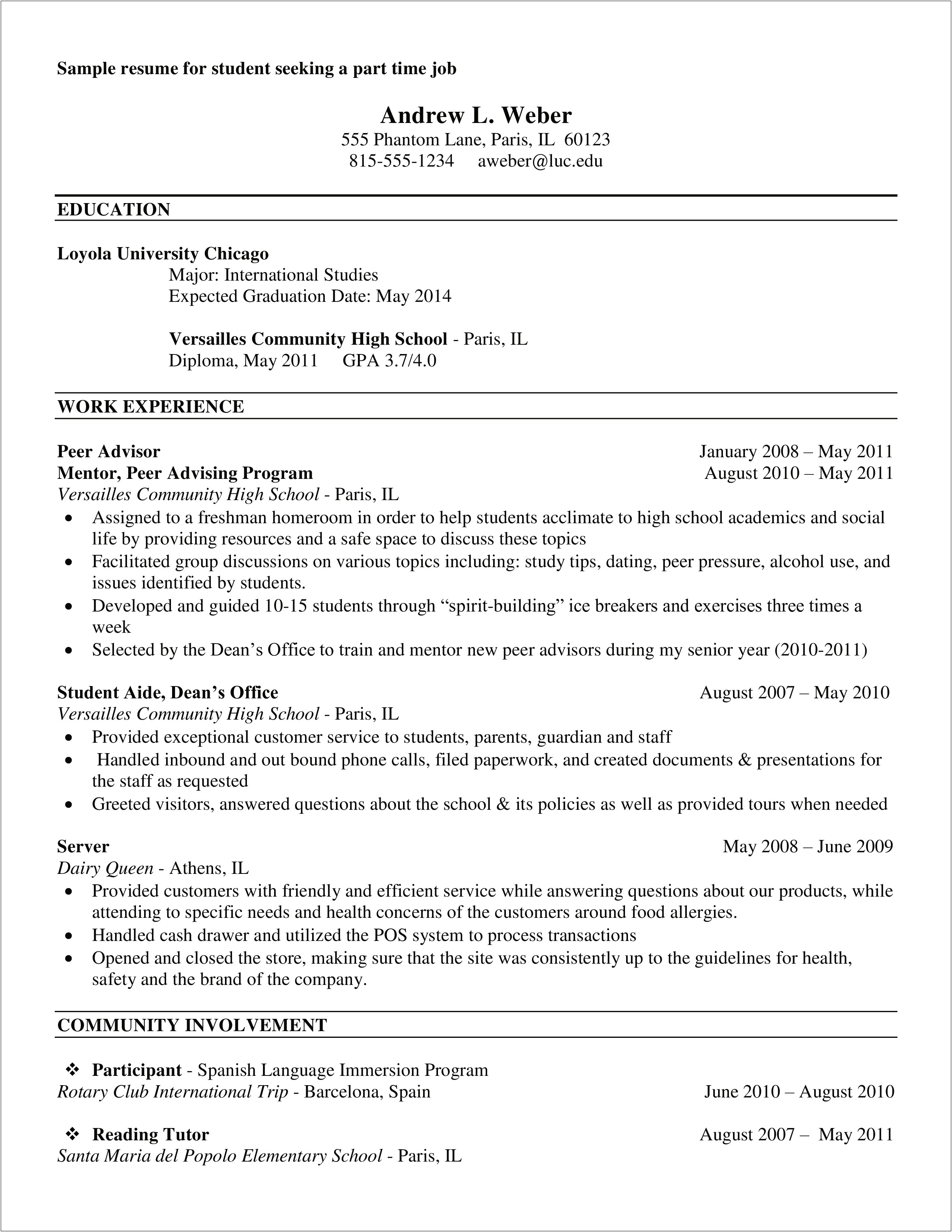 Sample Of Resume For It Students